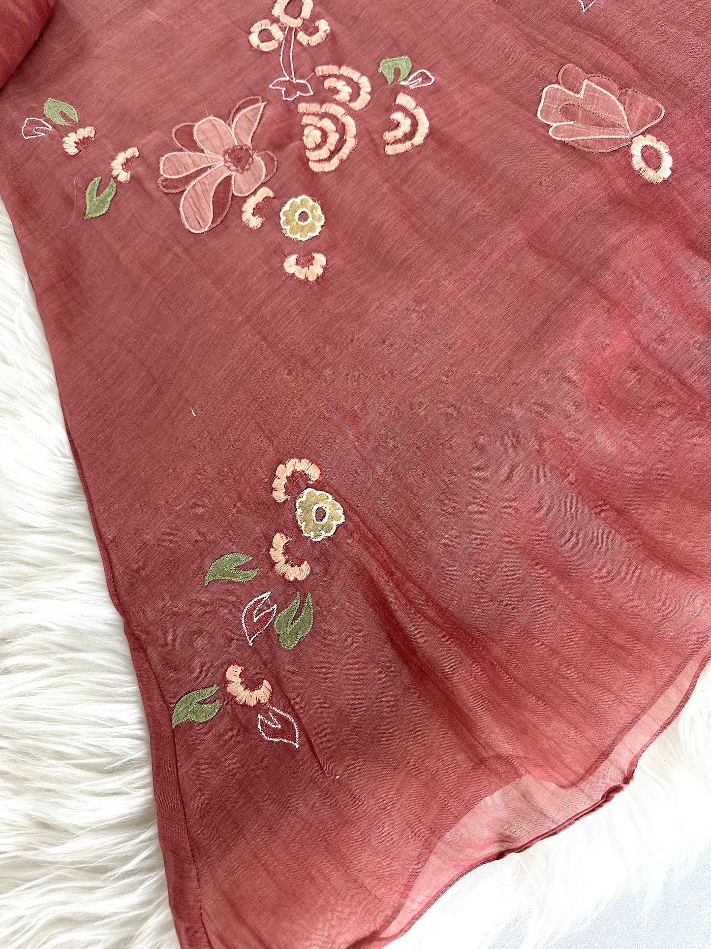 K208 - Mul Chanderi appliqué work Aline Kurti with pants and dupatta