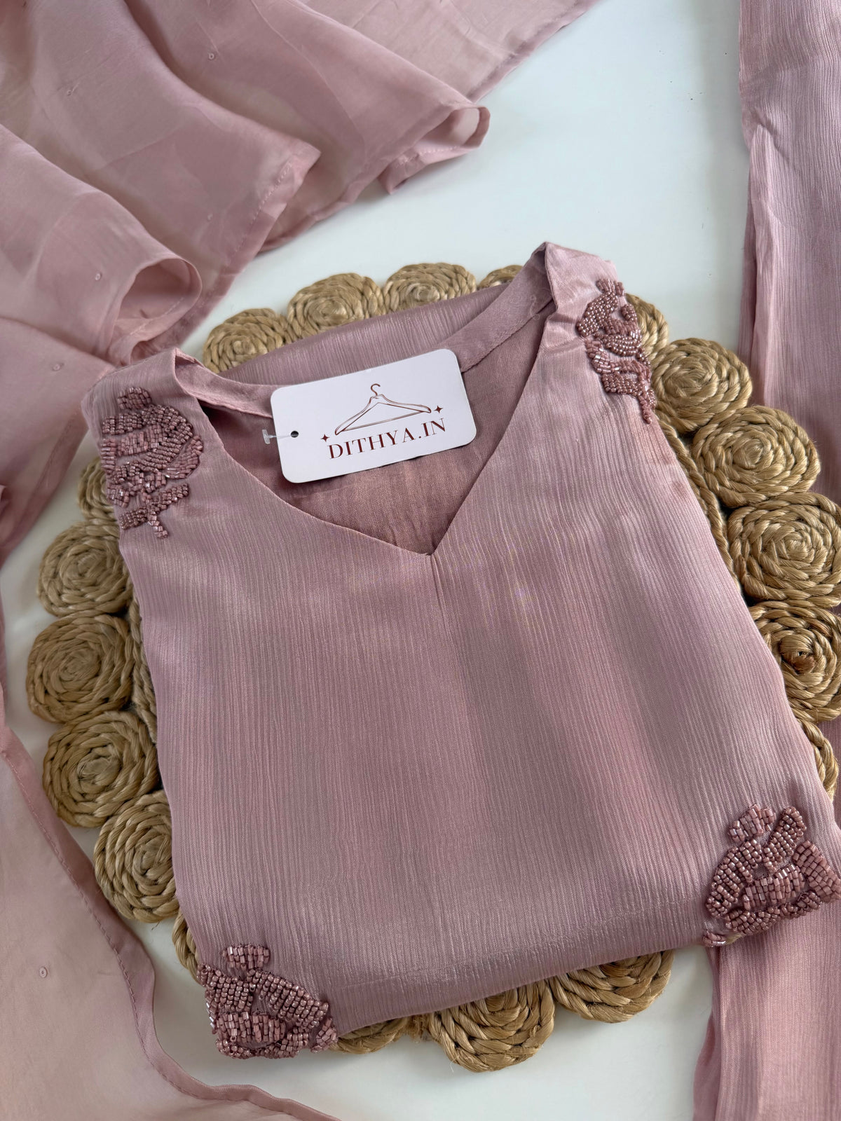 K104 - Pure Chinnon handwork short Kurti with divider pants and dupatta