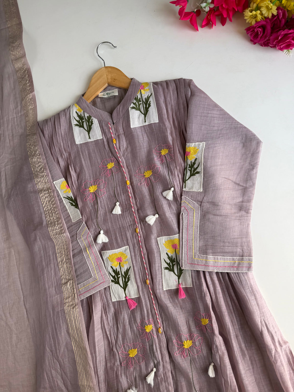 K631 - Mul chanderi appliqué embroidered Aline Kurti with pants and dupatta