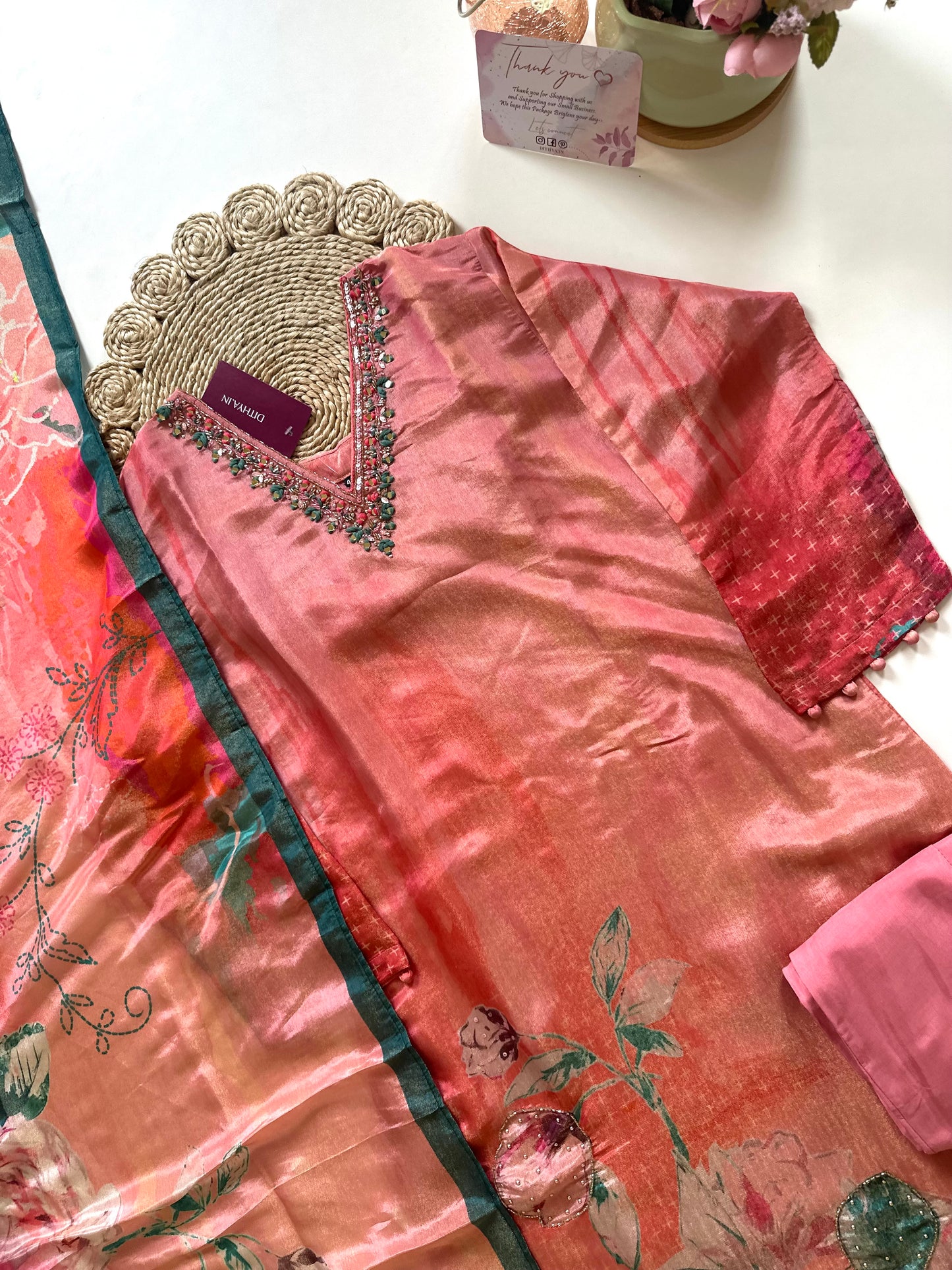 K233 - Tissue silk floral Straight Kurti with pants and dupatta