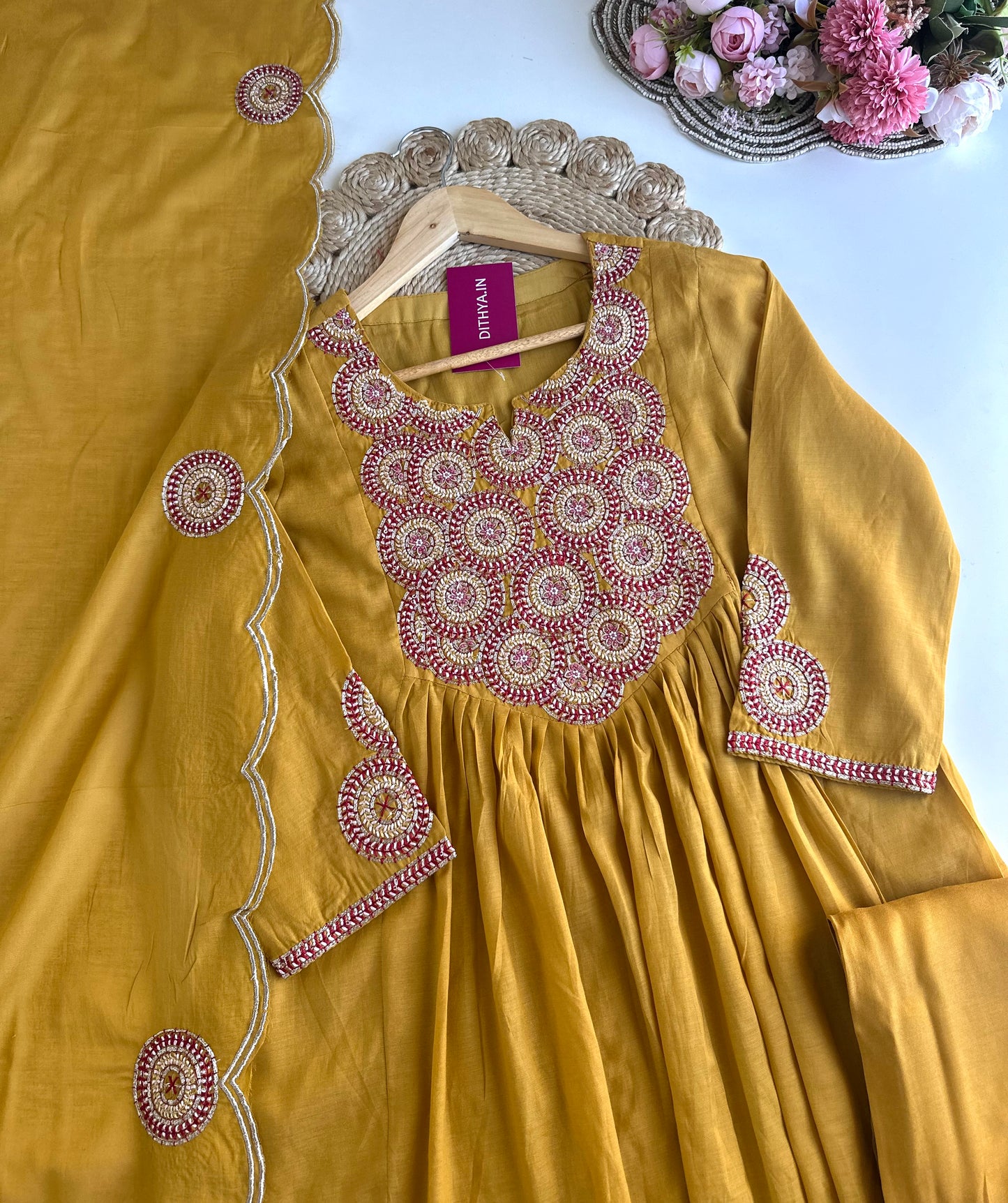 K169 - Mul Chanderi handwork Aline Kurti with pants and dupatta