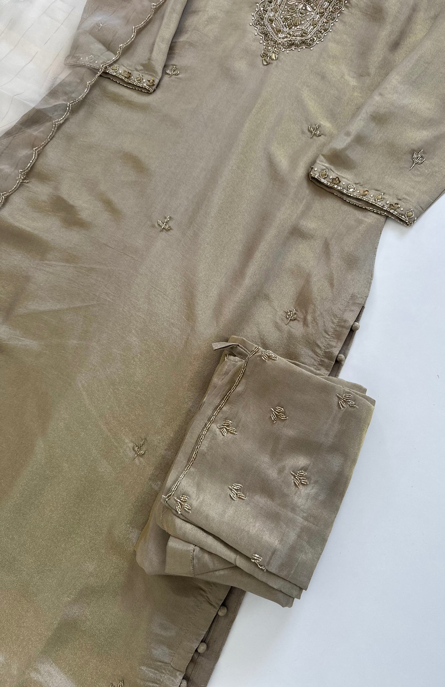 K106 - Tissue silk handwork straight kurti with pants and dupatta