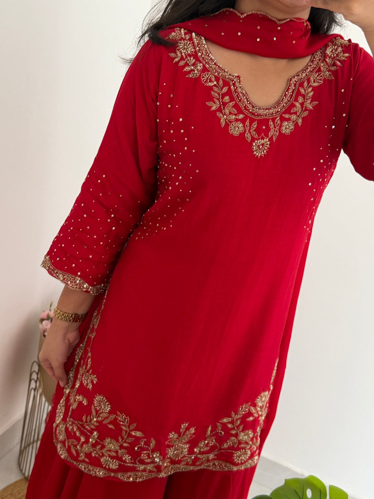 K195 - Russian silk handwork short Kurti with divider pants and dupatta