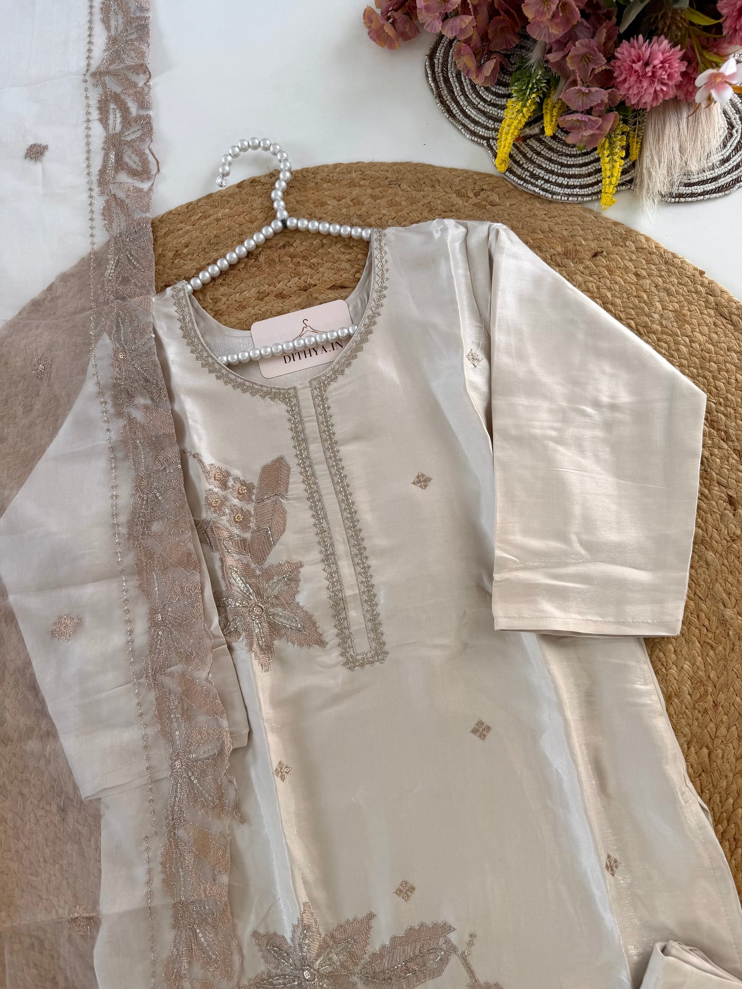 K519 - Shimmer Tissue silk embroidered straight Kurti with pants and dupatta