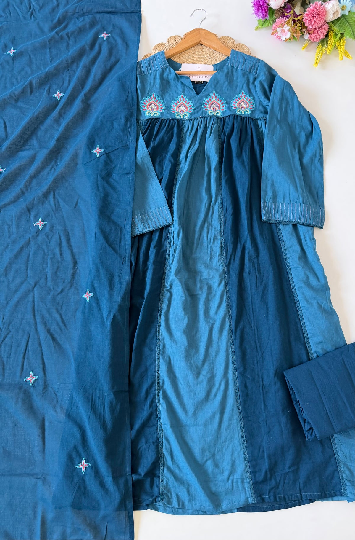 K633 - Mul cotton embroidered Anarkali with pants and dupatta