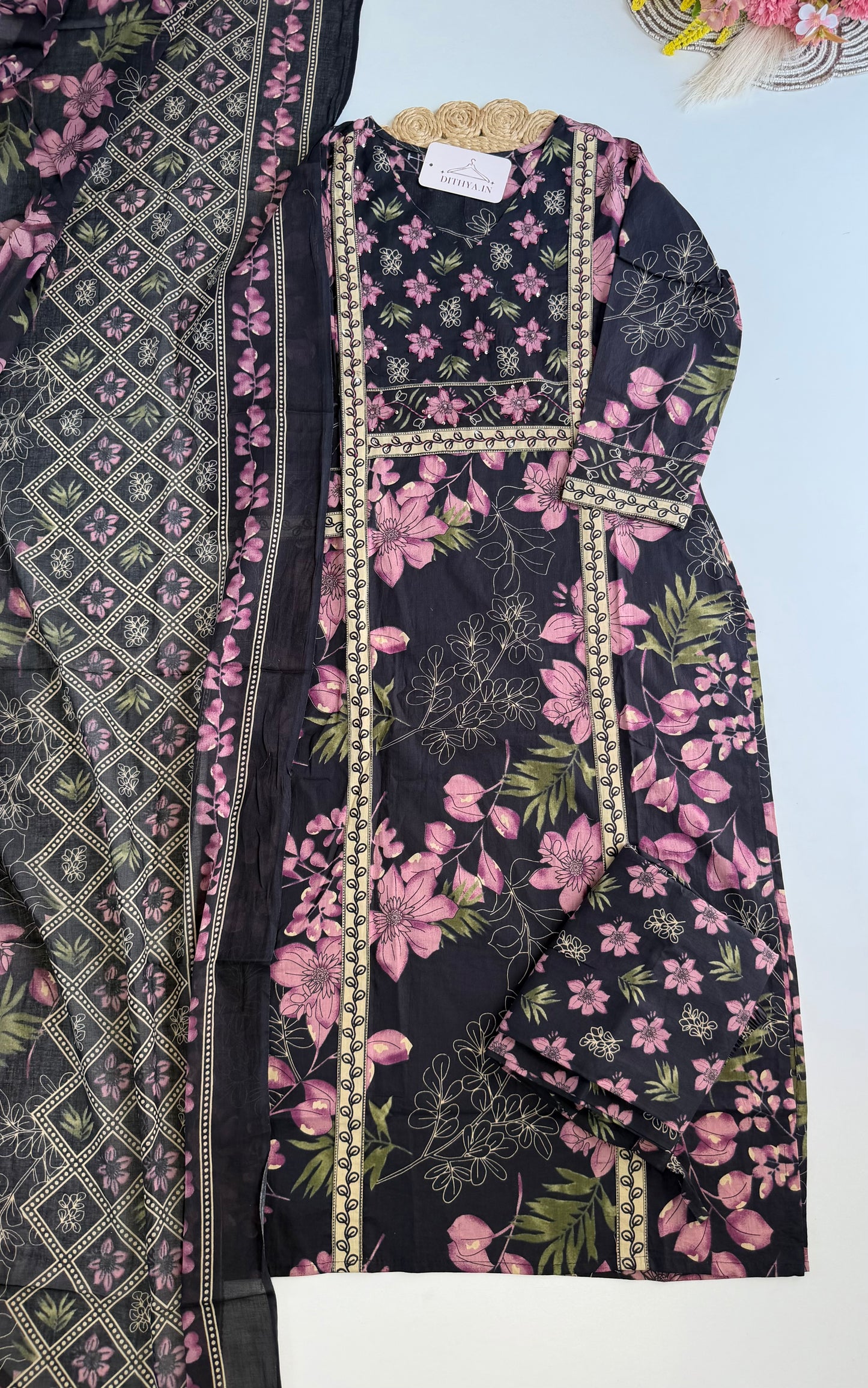 K195 - Cotton floral straight Kurti with pants and dupatta
