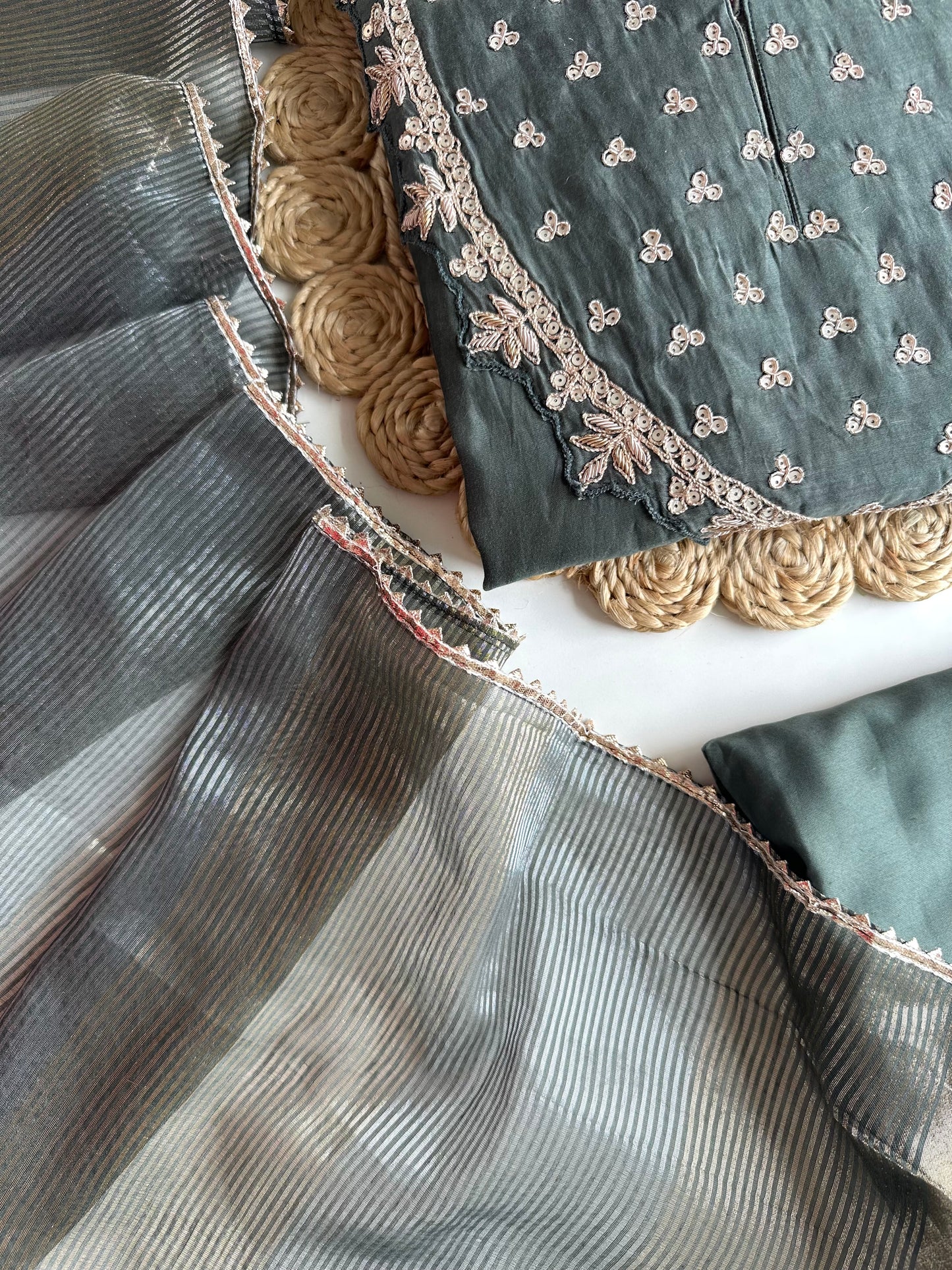 K072 - Mul Chanderi handwork Aline Kurti with pants and dupatta