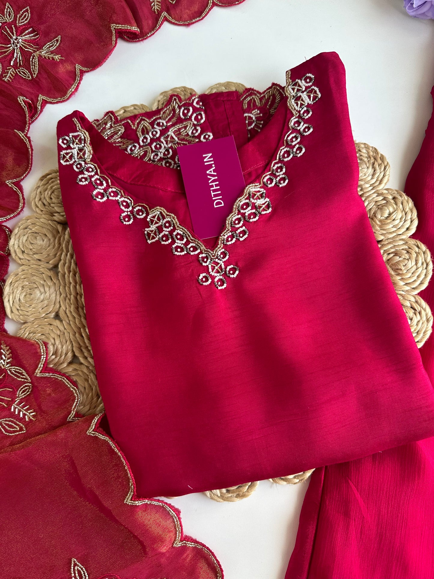 K342 - Russian silk handwork short Kurti with palazzo and silk dupatta