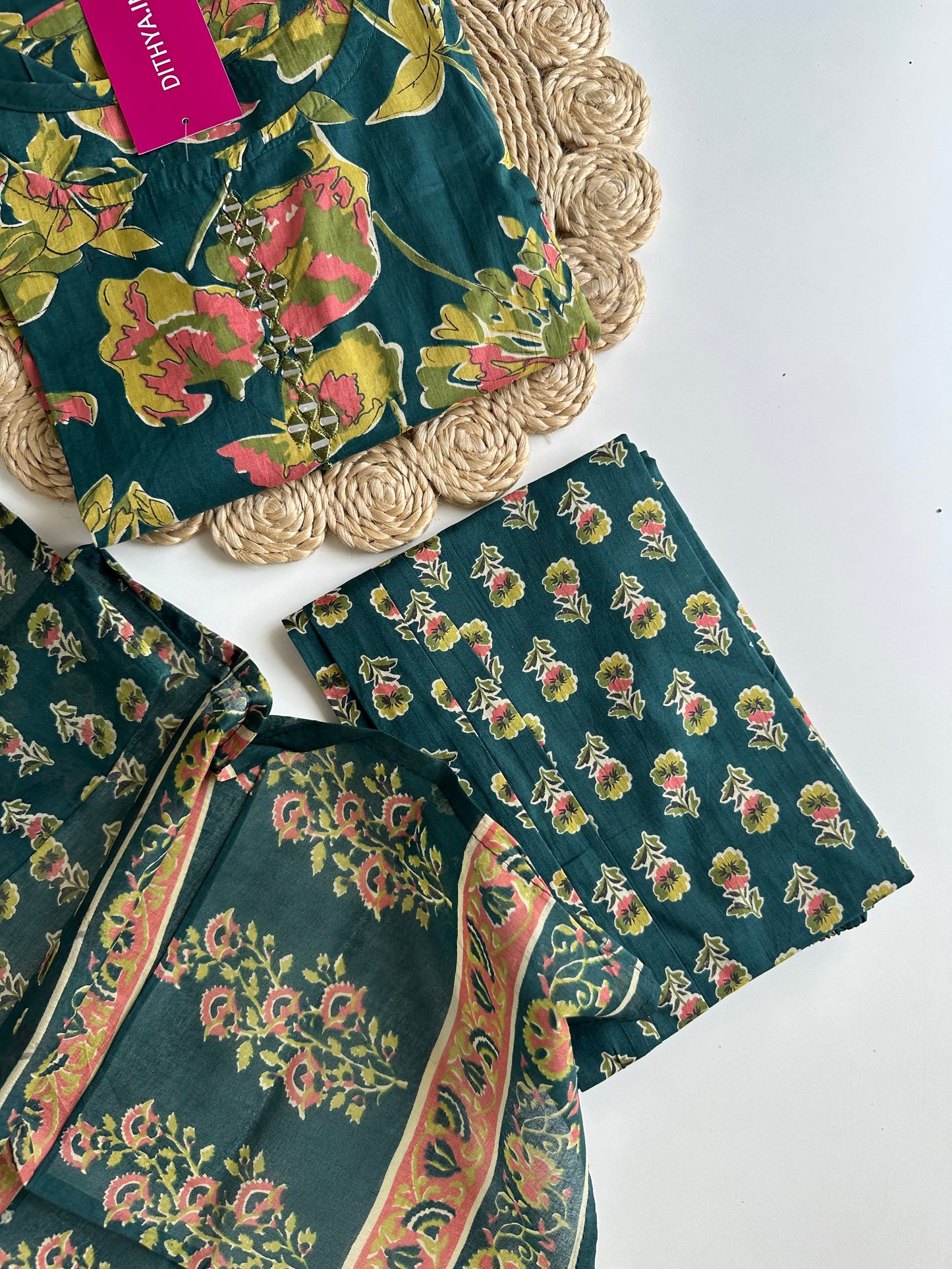 K071 - Cotton floral straight Kurti with pants and dupatta in 4 colours