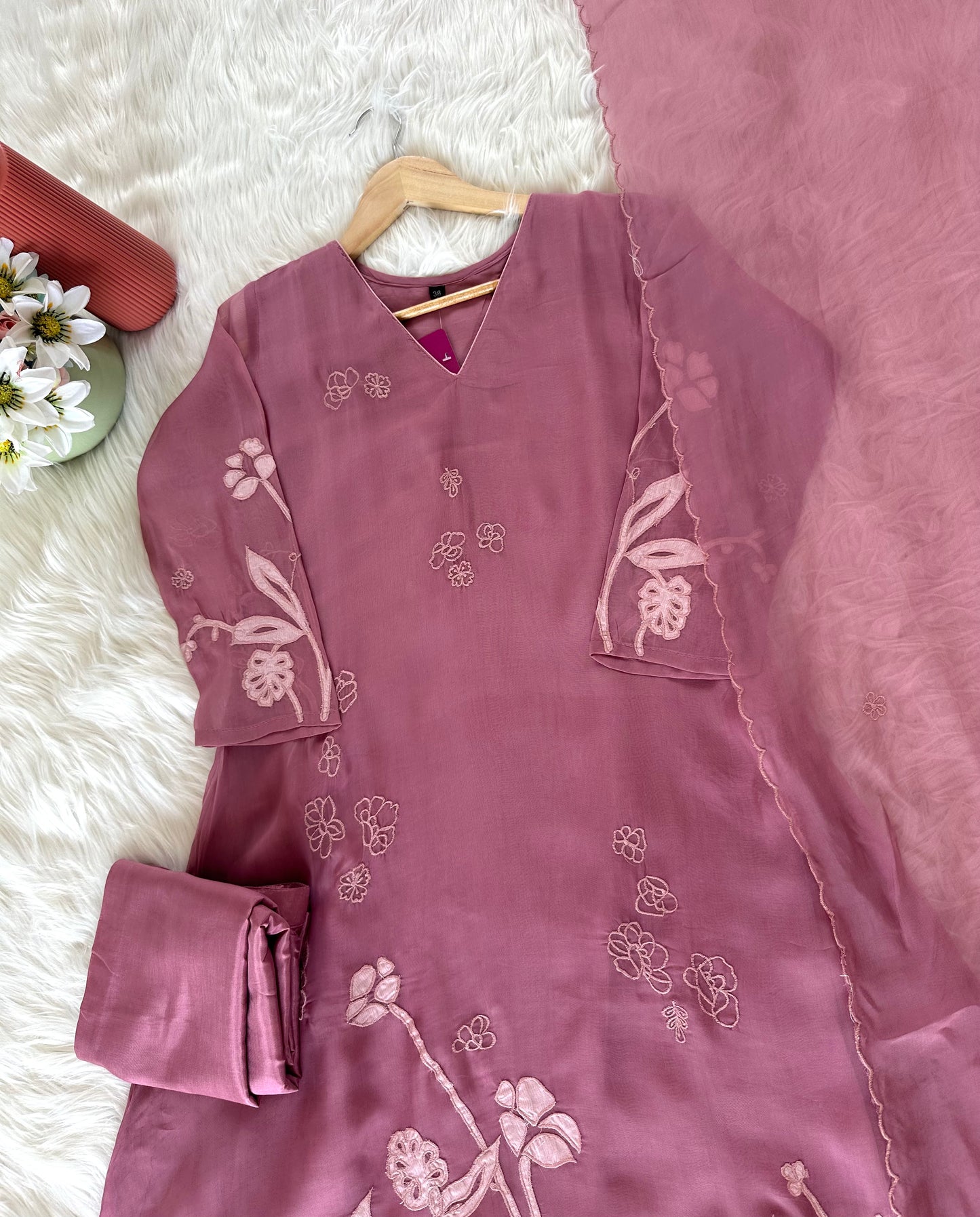 K225 - Pure viscose organza appliqué work Aline Kurti with pants and dupatta in 2 colours
