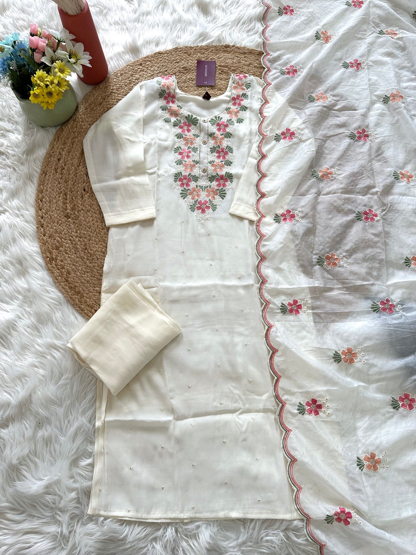 K314 - Roman silk embroidered straight Kurti with pants and dupatta