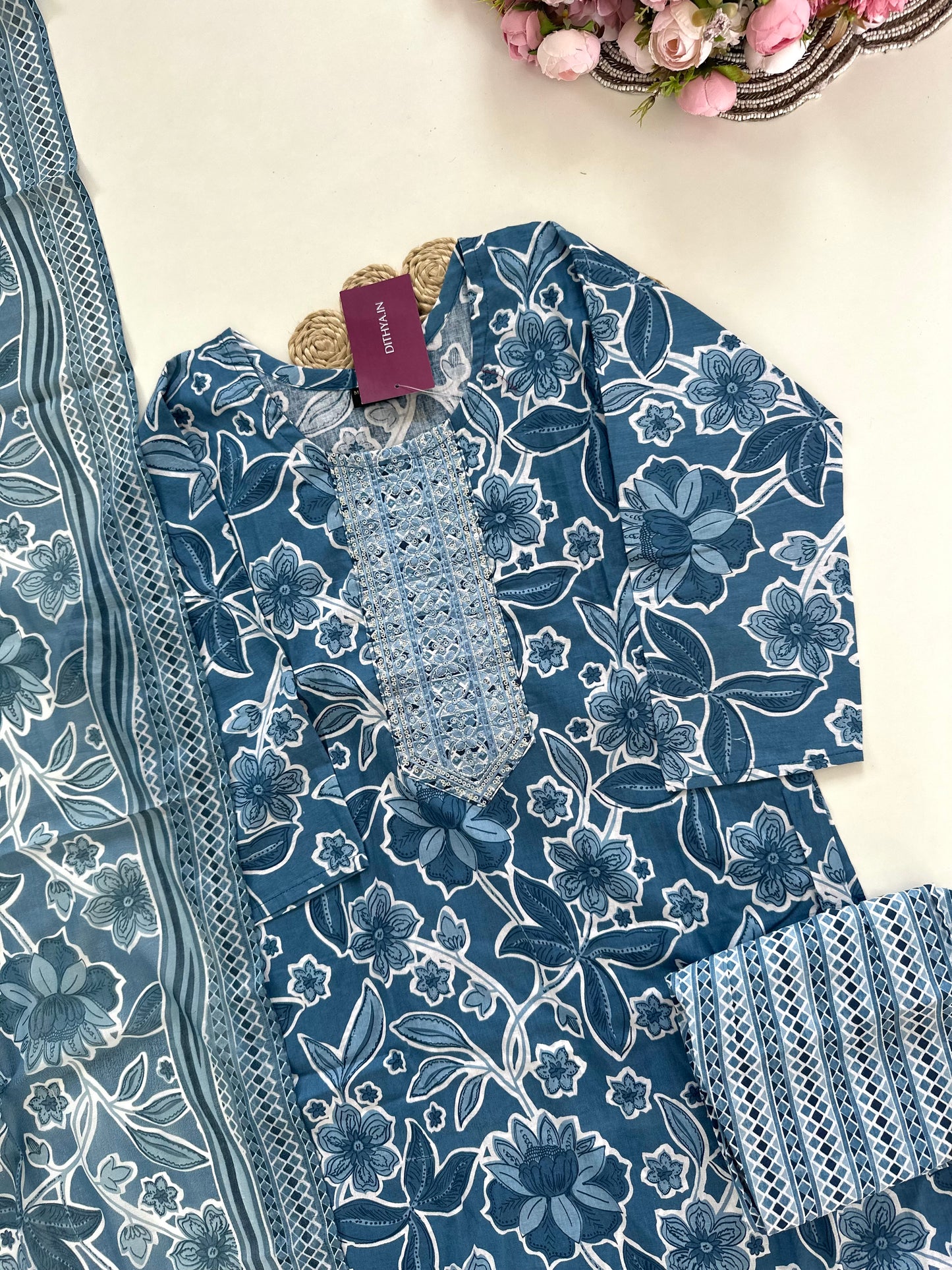 K340 - Cotton floral straight Kurti with pants and dupatta