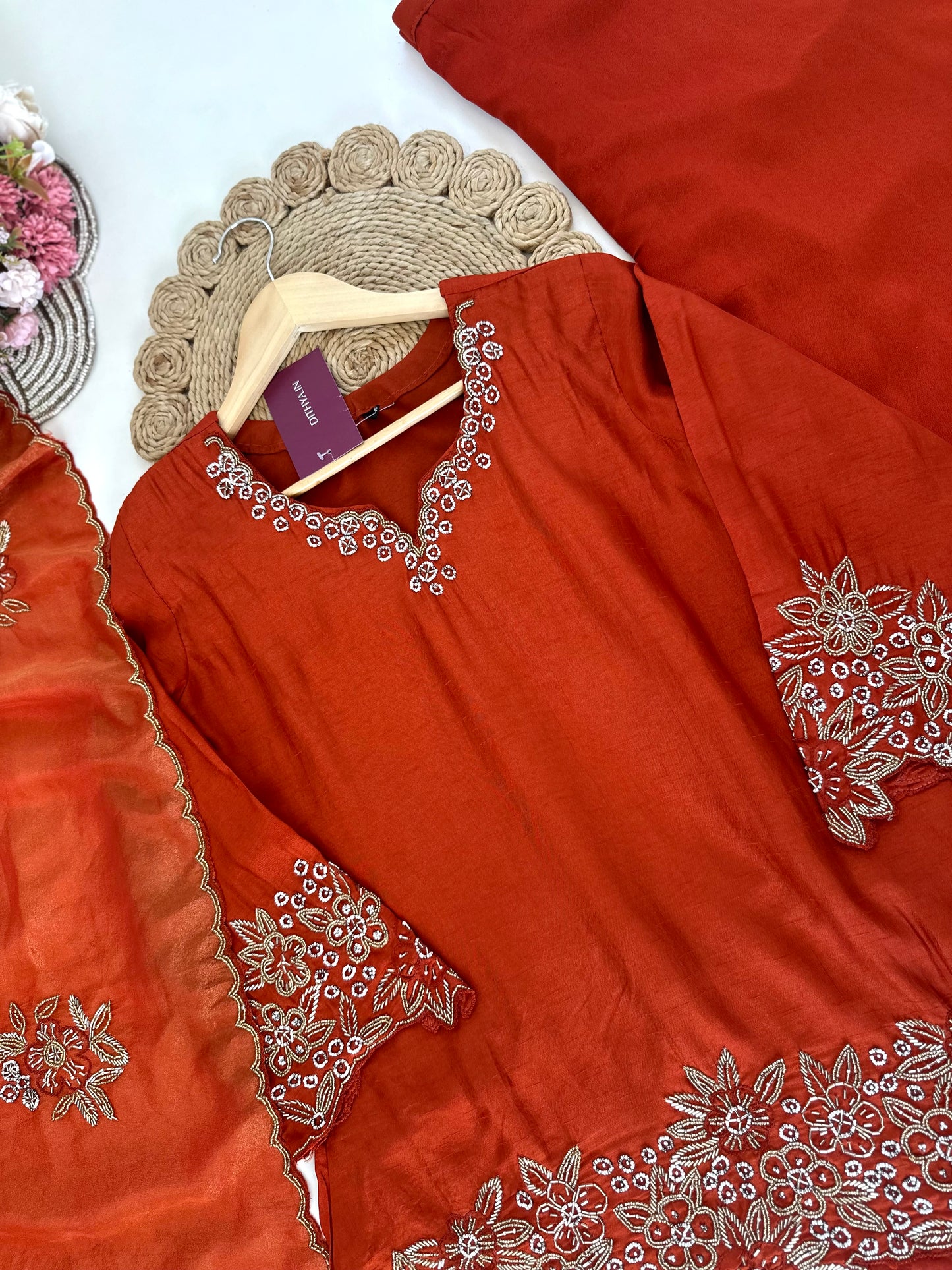 K207 - Russian silk handwork Kurti with palazzo and dupatta in 2 colours.