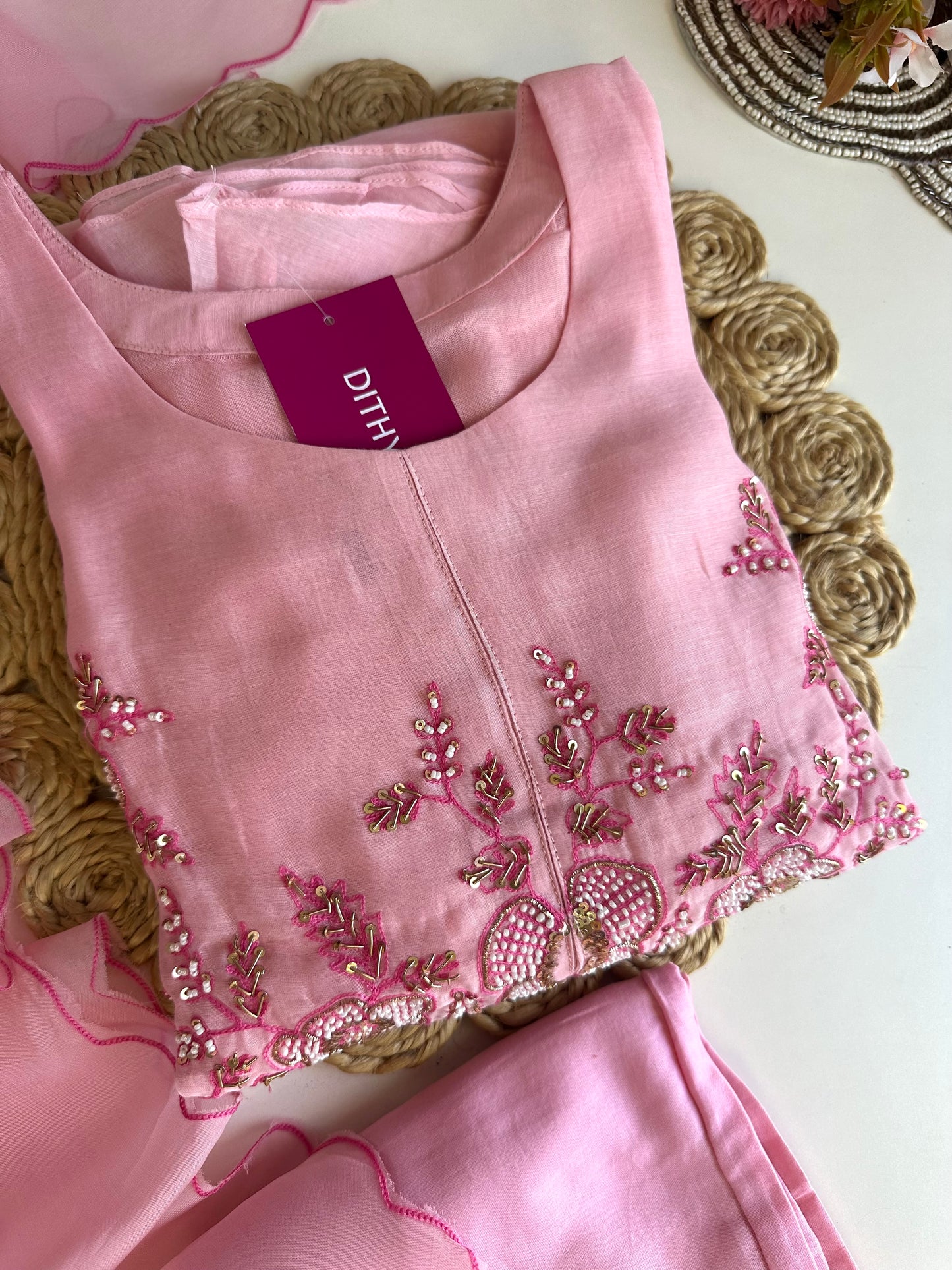 K420 - Mul Chanderi handwork Aline Kurti with pants and dupatta