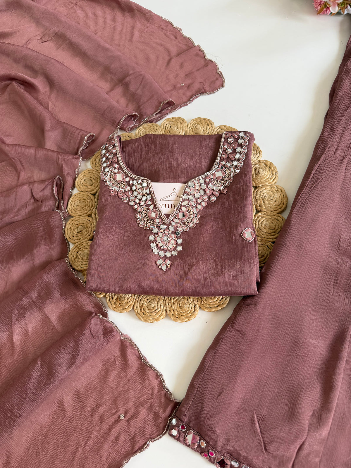 K204 - Pure Chinnon mirror work short Kurti with divider pants and dupatta