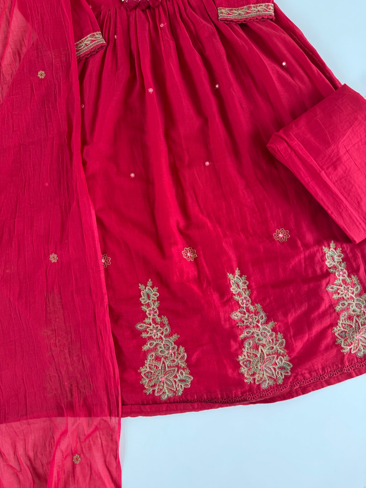 K676 - Mul cotton embroidered Anarkali with pants and dupatta