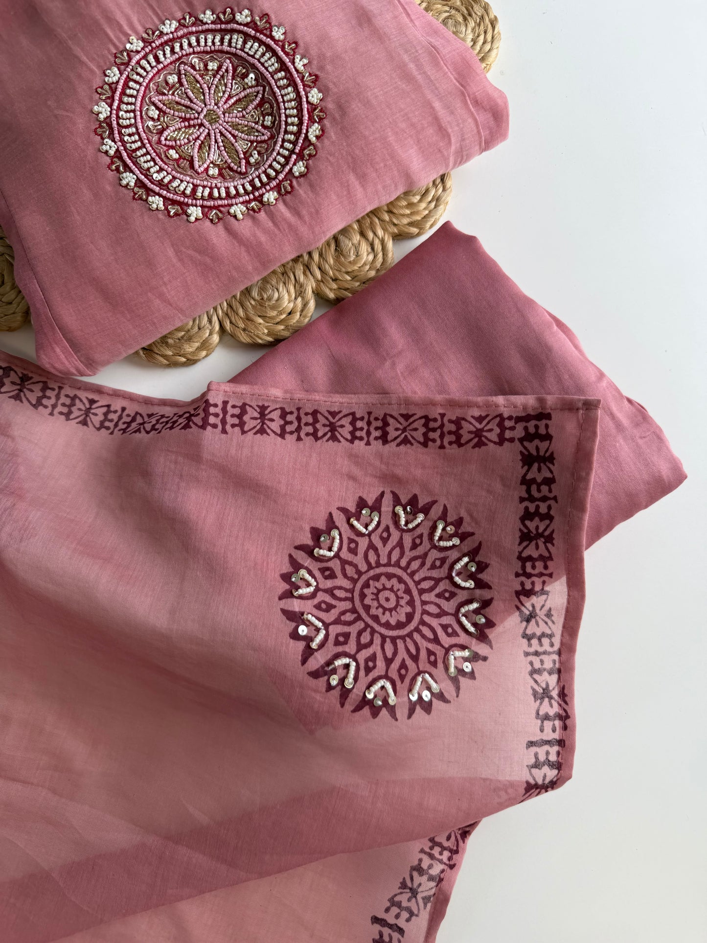 K560 - Mul chanderi Handwork Aline Kurti with pants and dupatta