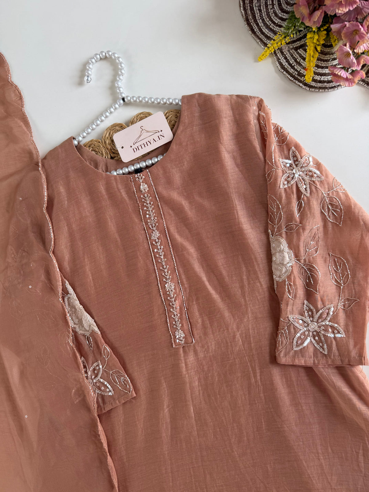 K181 - Mul chanderi handwork Aline Kurti with pants and dupatta in 2 colours