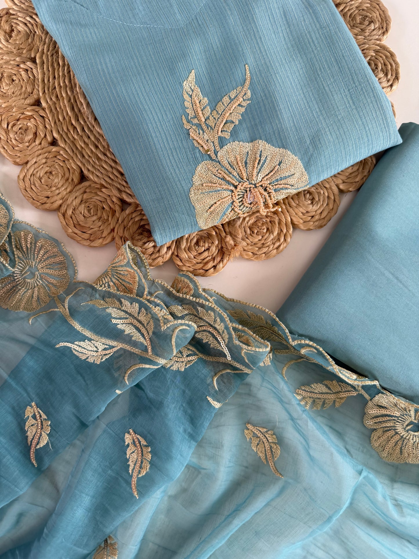 K542 - Muslin doriya embroidered straight Kurti with pants and dupatta