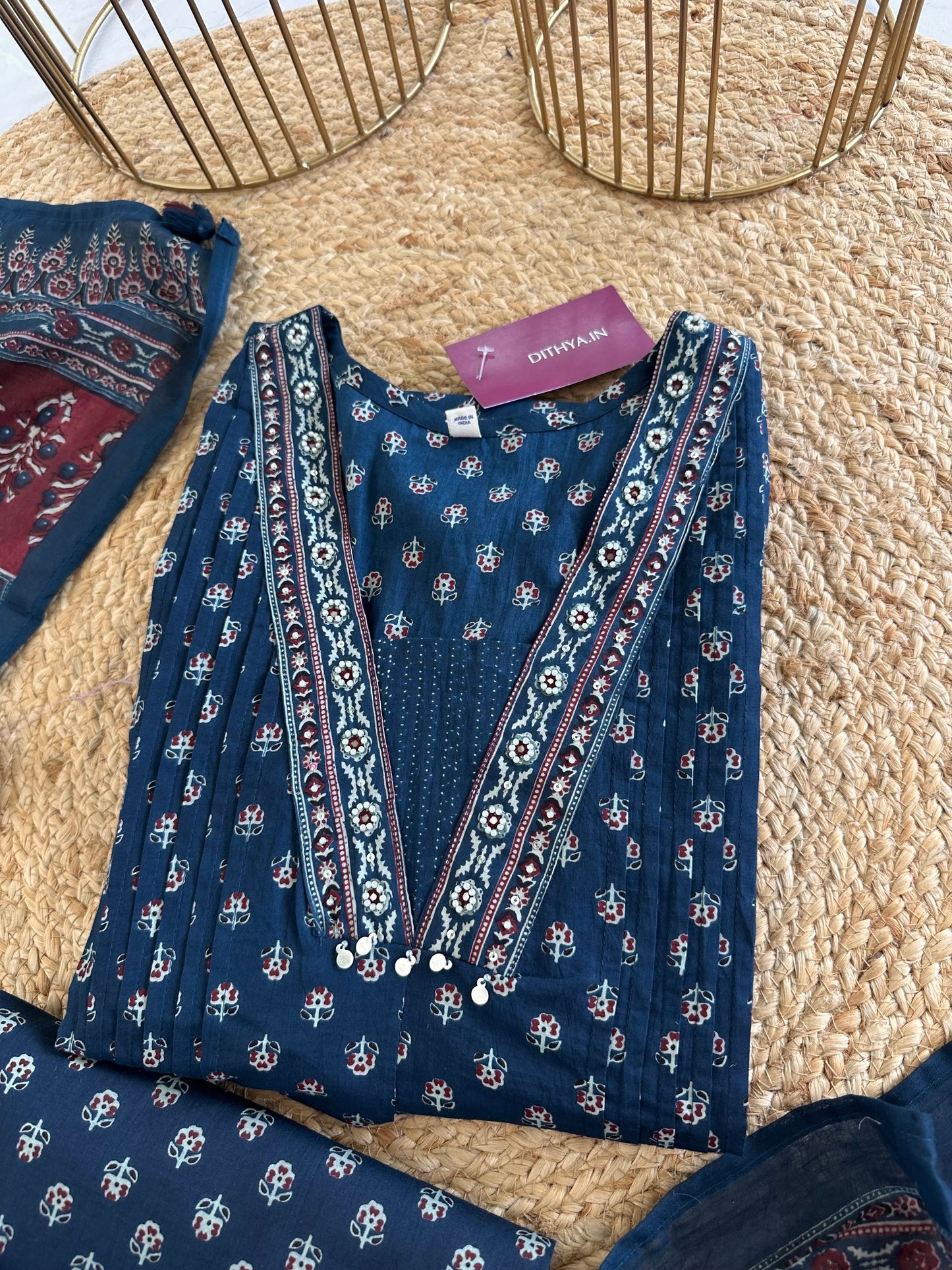 K082 - Cotton Aline Kurti Indigo print with palazzo and dupatta.