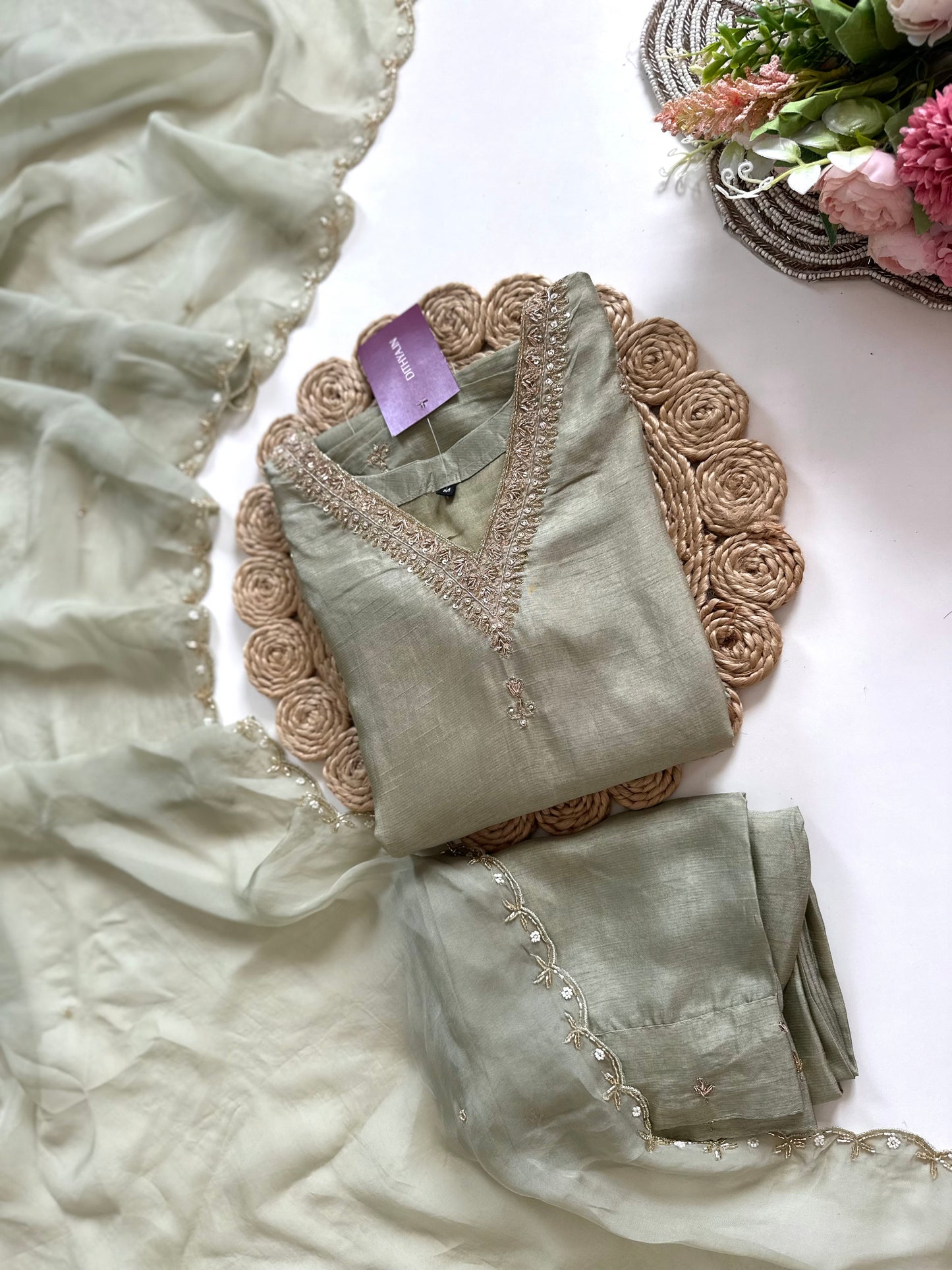 K291 - Russian silk handwork Straight kurti with pants and dupatta