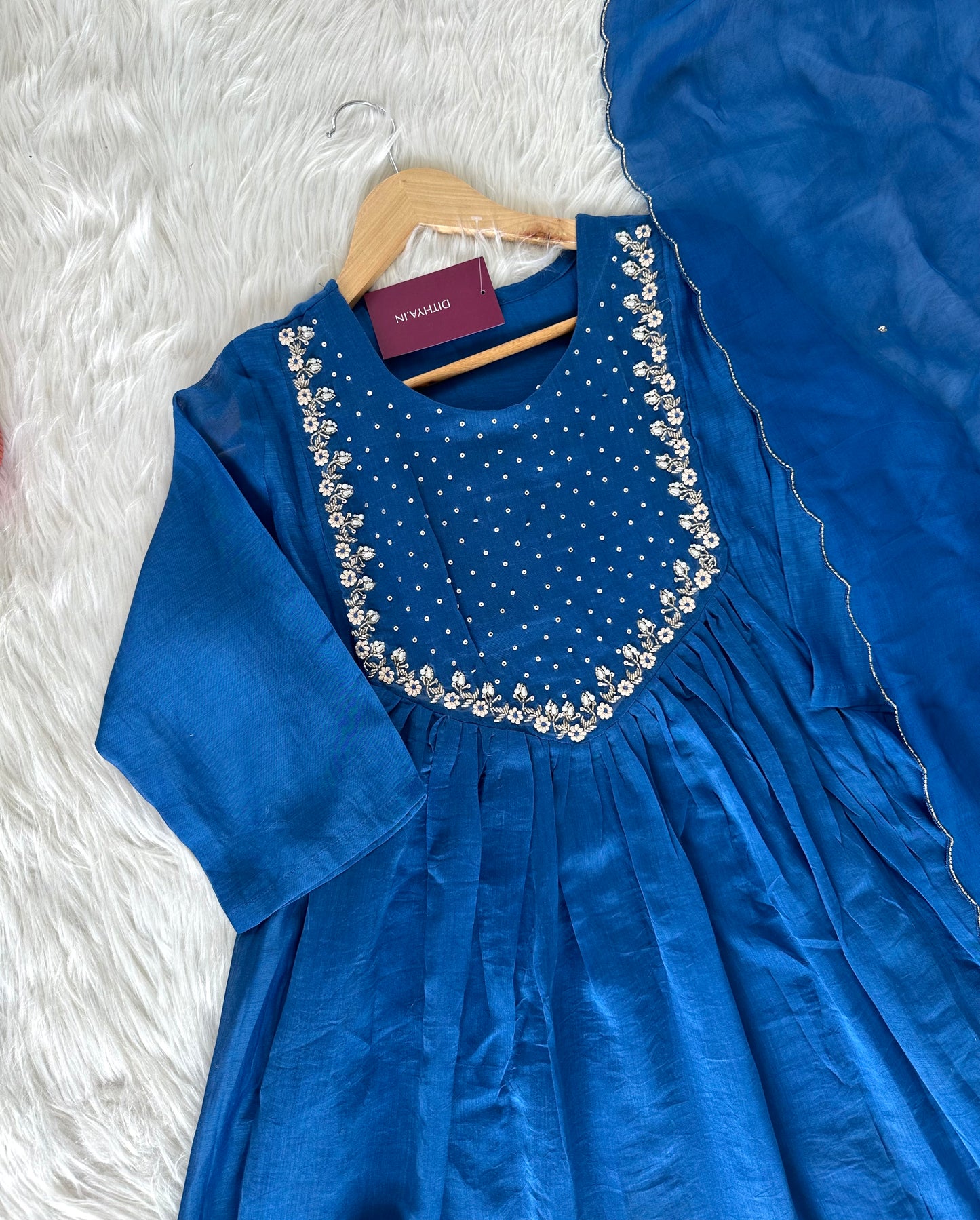K087 - Mul Chanderi handwork Aline Kurti with pants and dupatta in 3 colours