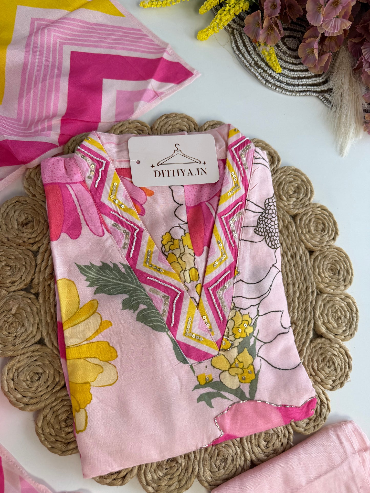 K505 - Muslin handwork floral straight Kurti with pants and dupatta in 2 colours