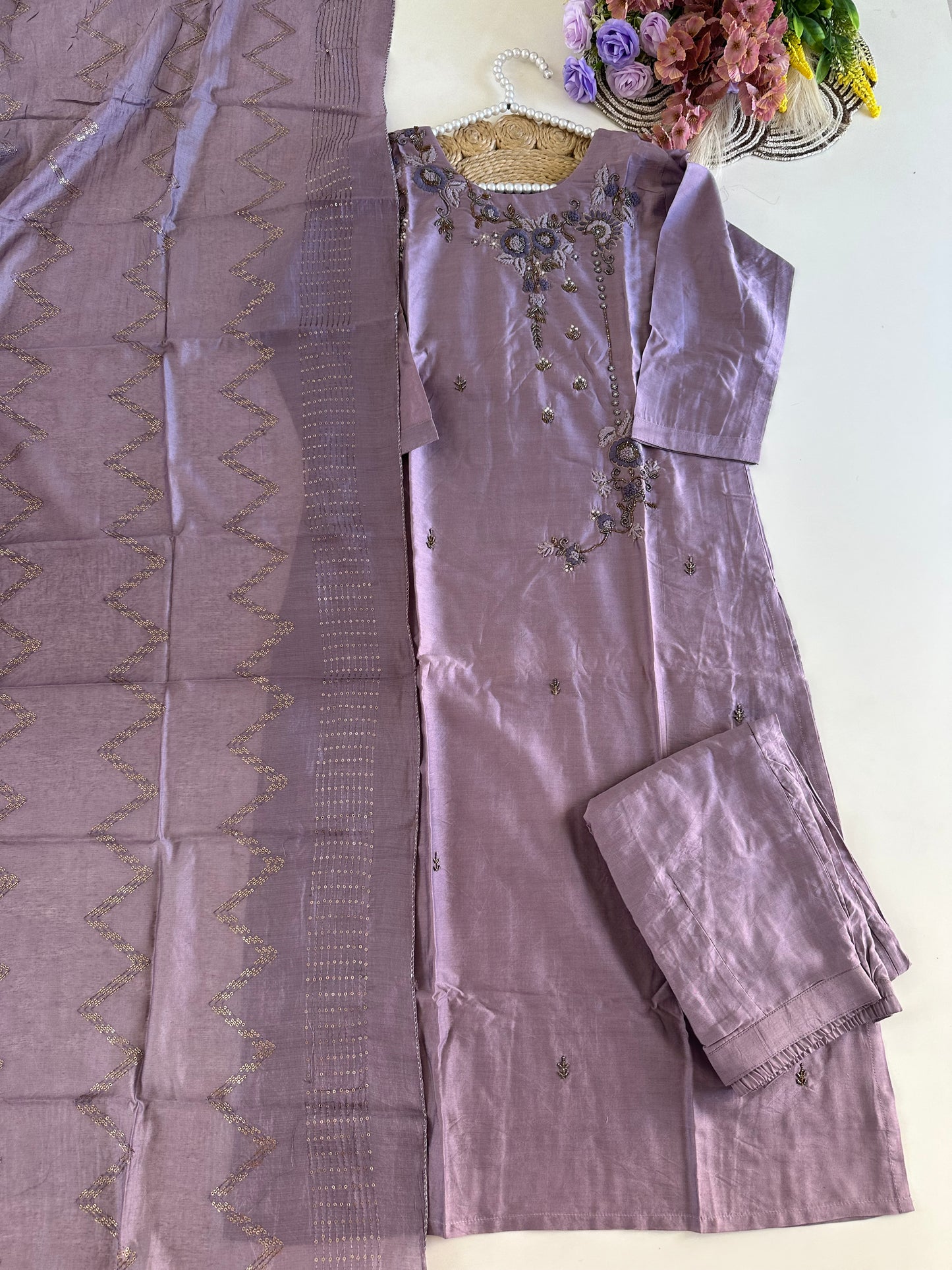 D398-Roman silk straight kurti with pants and dupatta