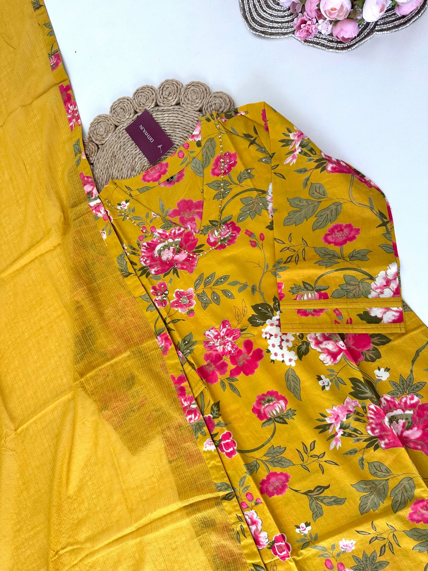 K380 - Cotton floral straight kurti with pants and dupatta in 2 colours
