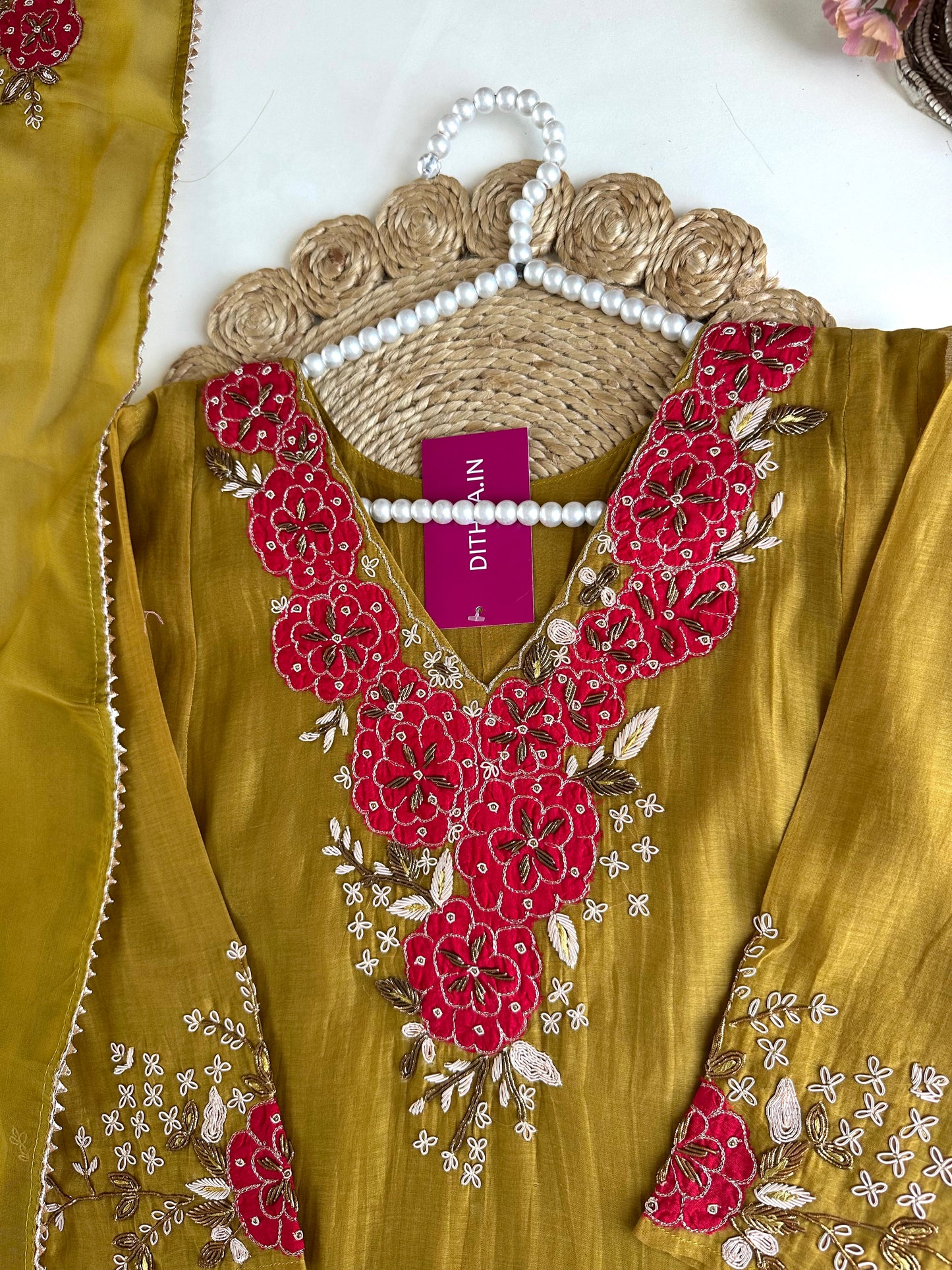 K167 - Pure mul Chanderi handwork Aline Kurti with pants and dupatta