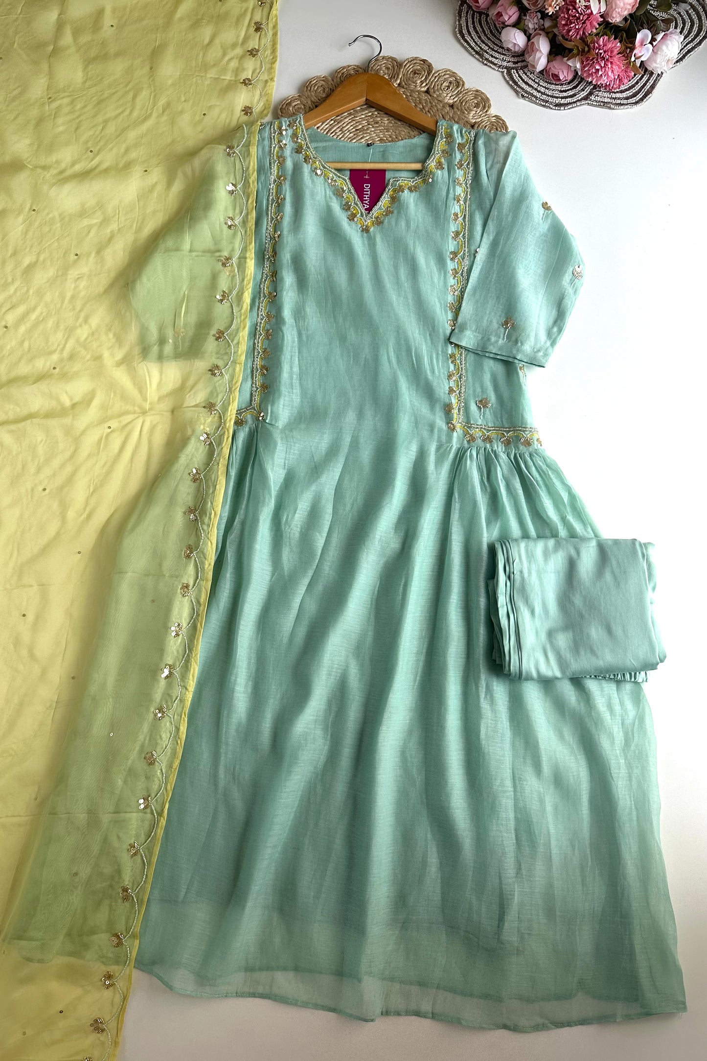 K360 - Mul Chanderi handwork Aline Kurti with pants and dupatta