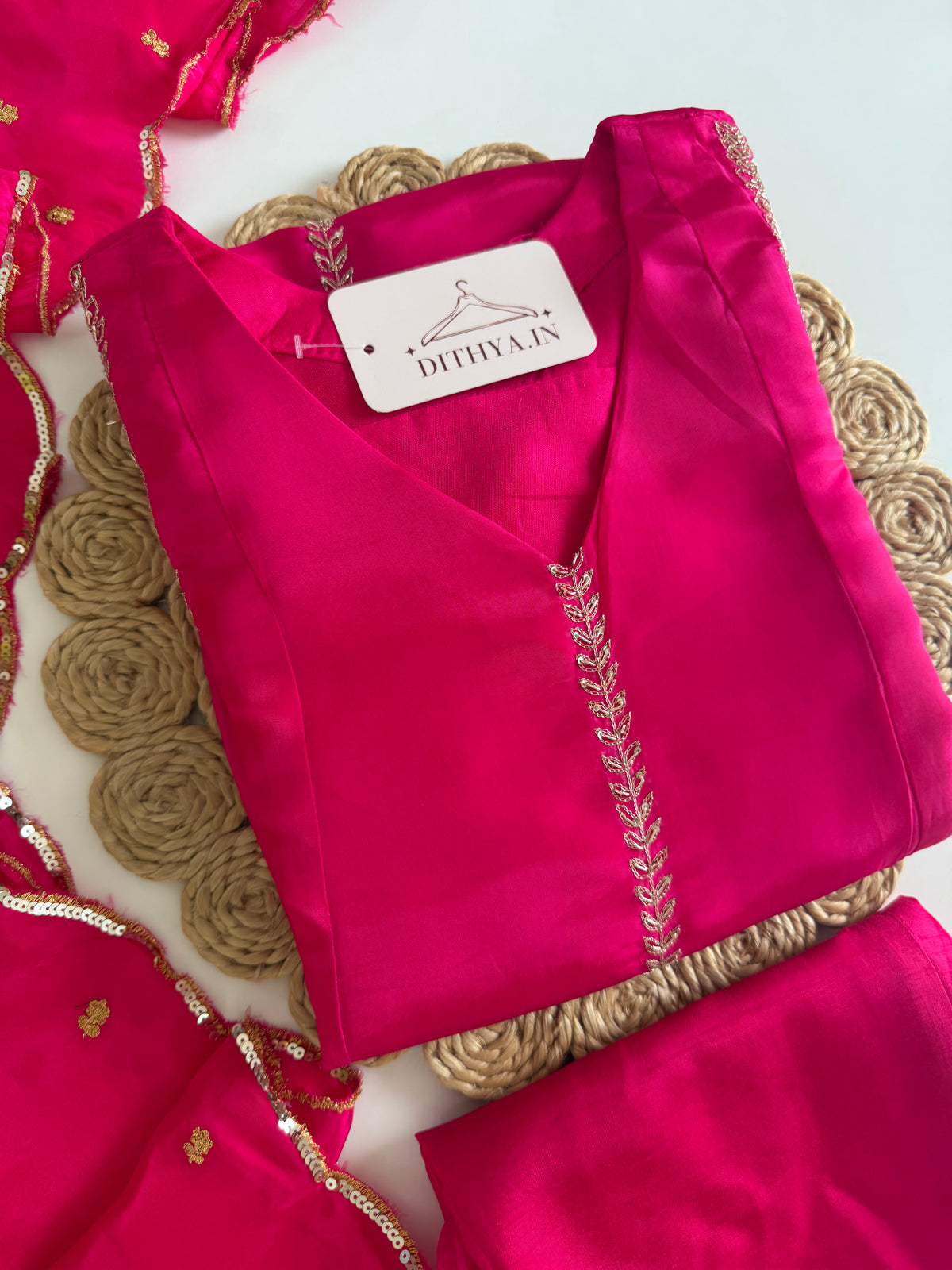 K596 - Pure Ho silk handwork aline Kurti with pants and dupatta