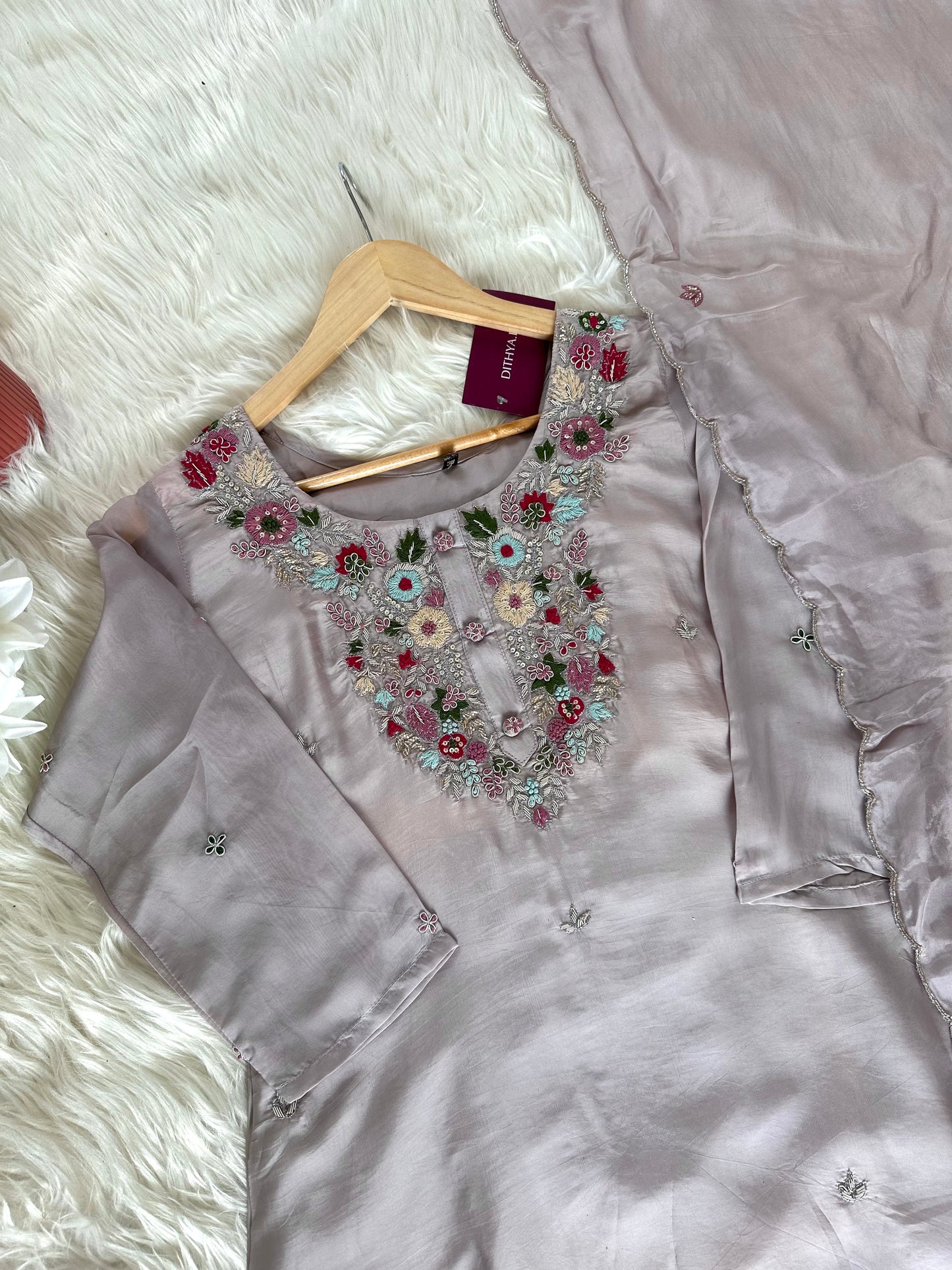 K152 - Viscose organza handwork straight Kurti with pants and dupatta in 2 colours