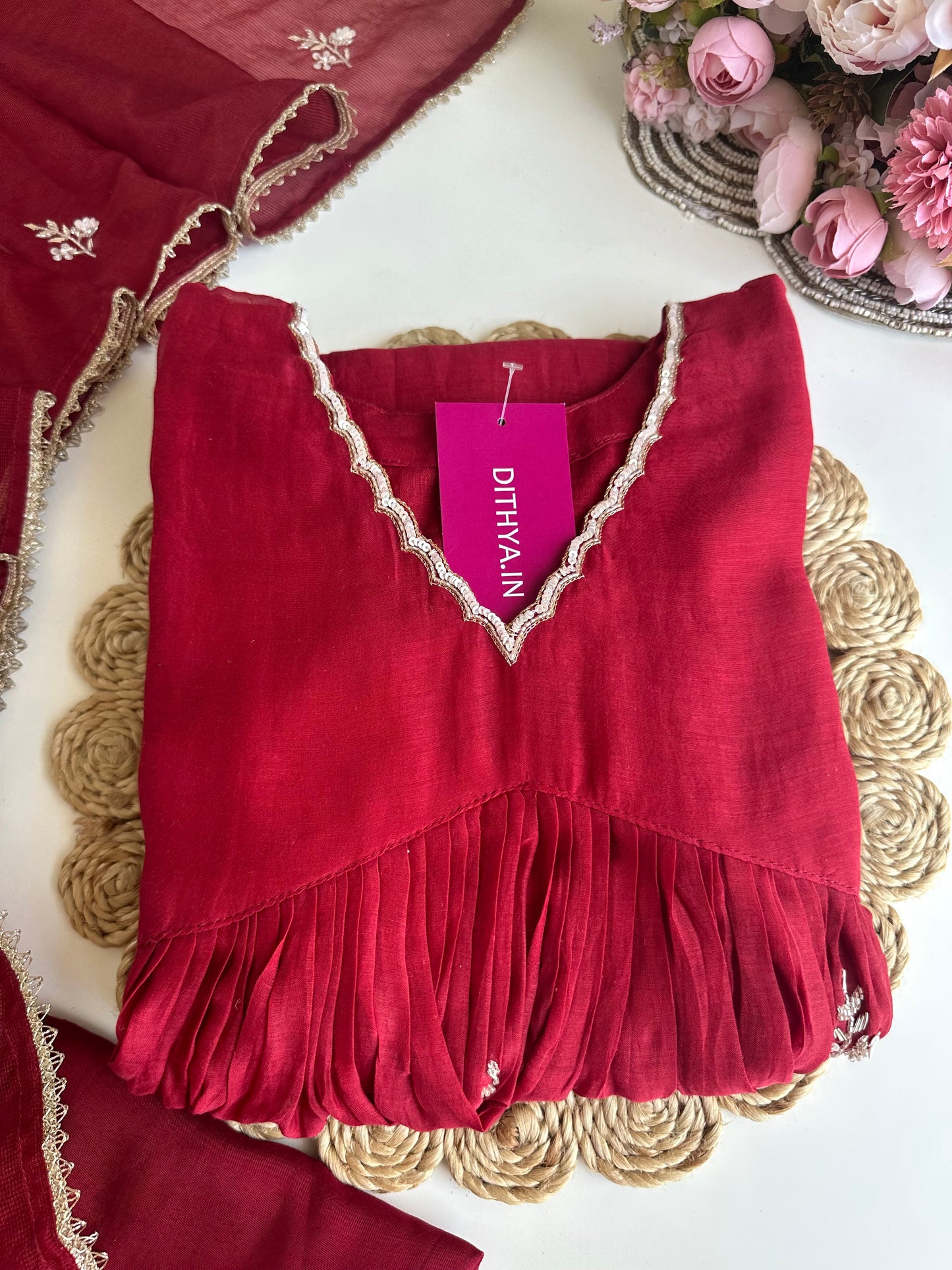K112 - Mul Chanderi Handwork Anarkali with pants and dupatta