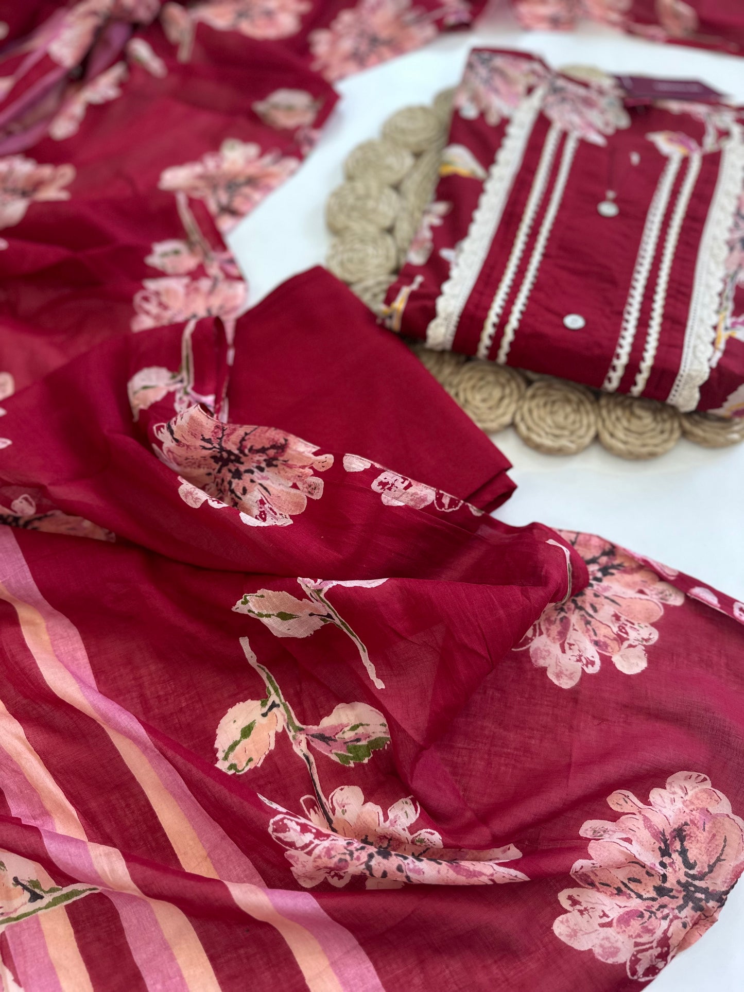 K037 - Cotton floral straight kurti with pants and dupatta.