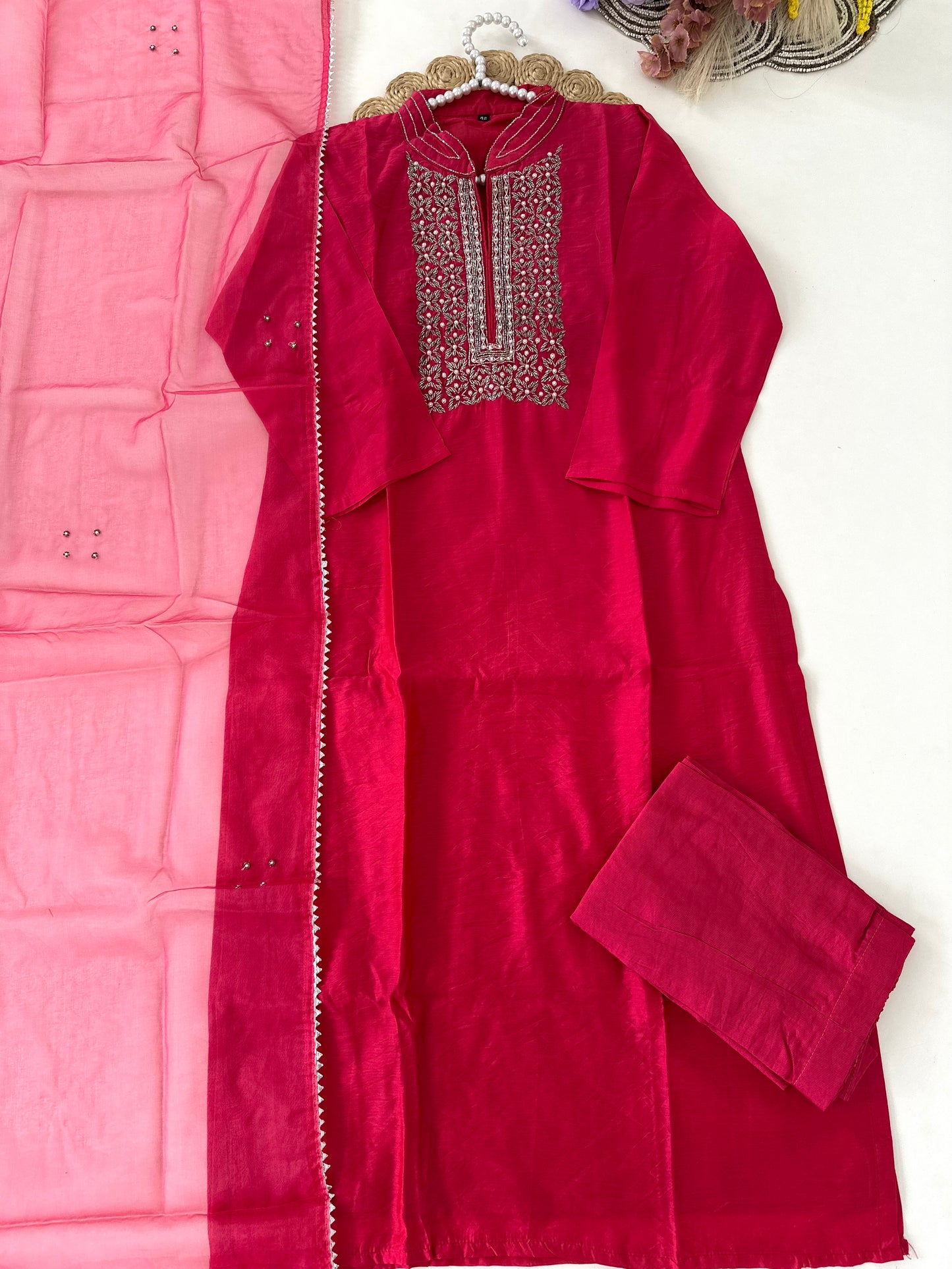 D416-Dola silk straight kurti with pants and dupatta