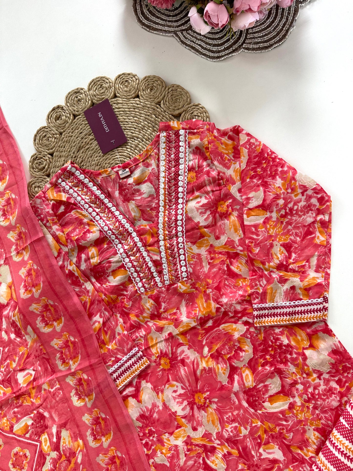 K387 - Cotton floral straight Kurti with pants and dupatta in 4 colours