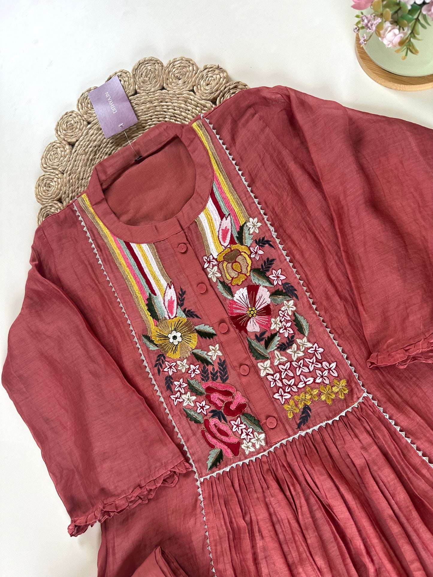 K066 - Mul Chanderi embroidered Aline Kurti with pants in 2 colours