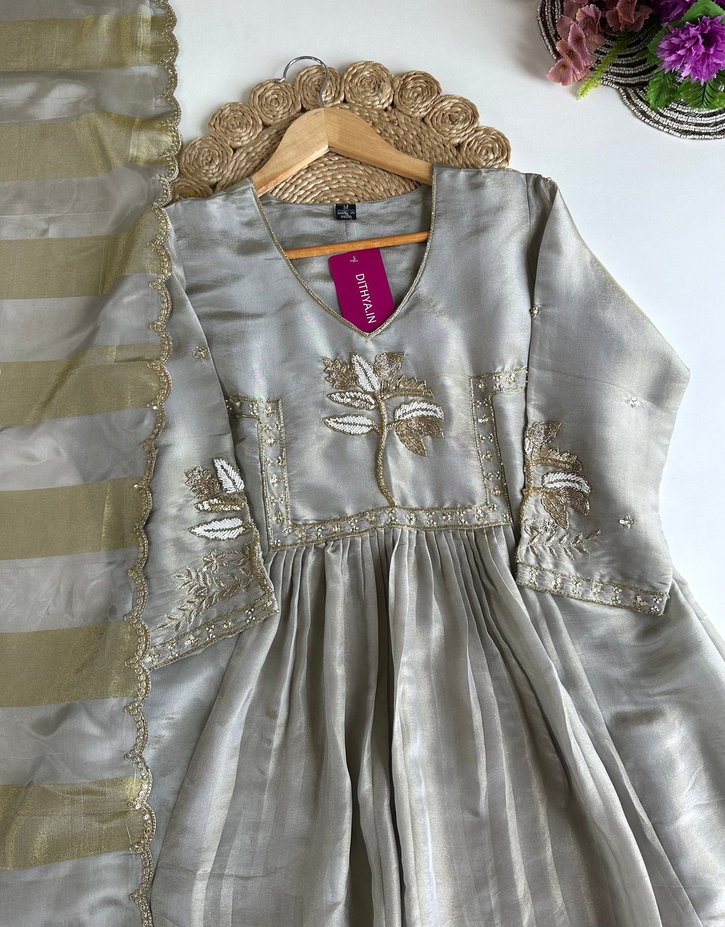 K135 - Tissue silk handwork Anarkali with pants and dupatta