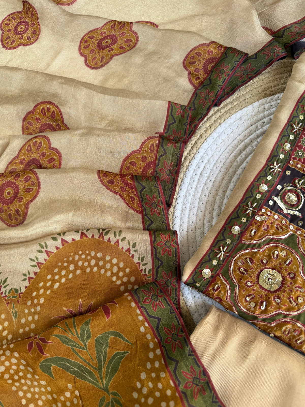 K248 - Pure crape handwork Ajrakh print straight Kurti with pants and dupatta