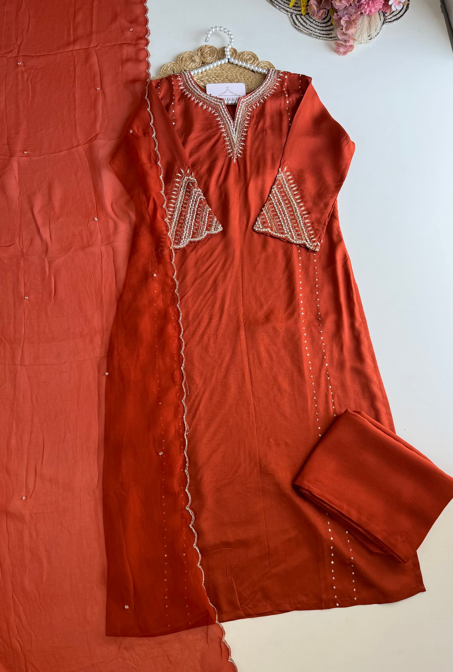 K534 - Russian silk handwork straight Kurti with pants and dupatta