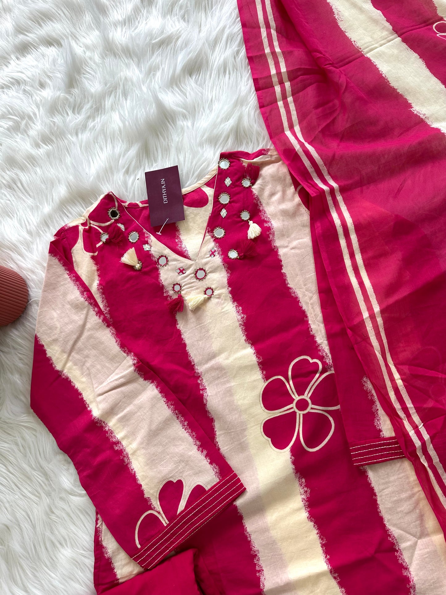 K337 - Cotton mirror work straight Kurti with pants and dupatta