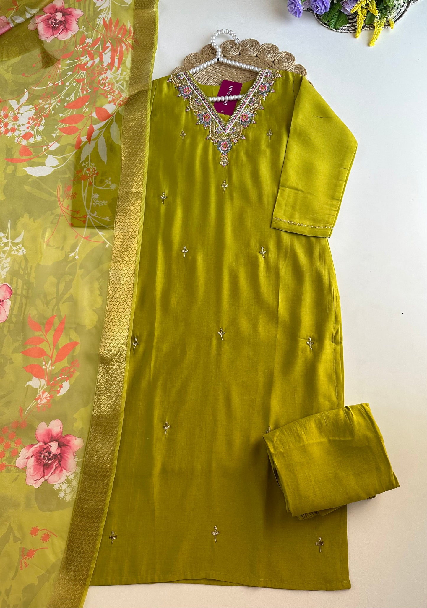 K024 - Roman silk handwork straight Kurti with pants and dupatta in 3 colours