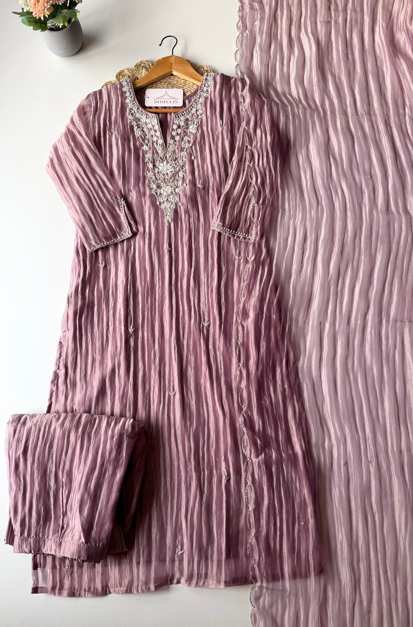 K102 - Crush Glass tissue silk handwork straight Kurti with pants and dupatta