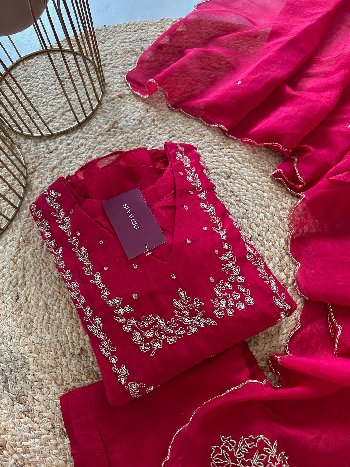 K229 - Mul Chanderi Handwork Aline Kurti with pants and dupatta in 2 colours