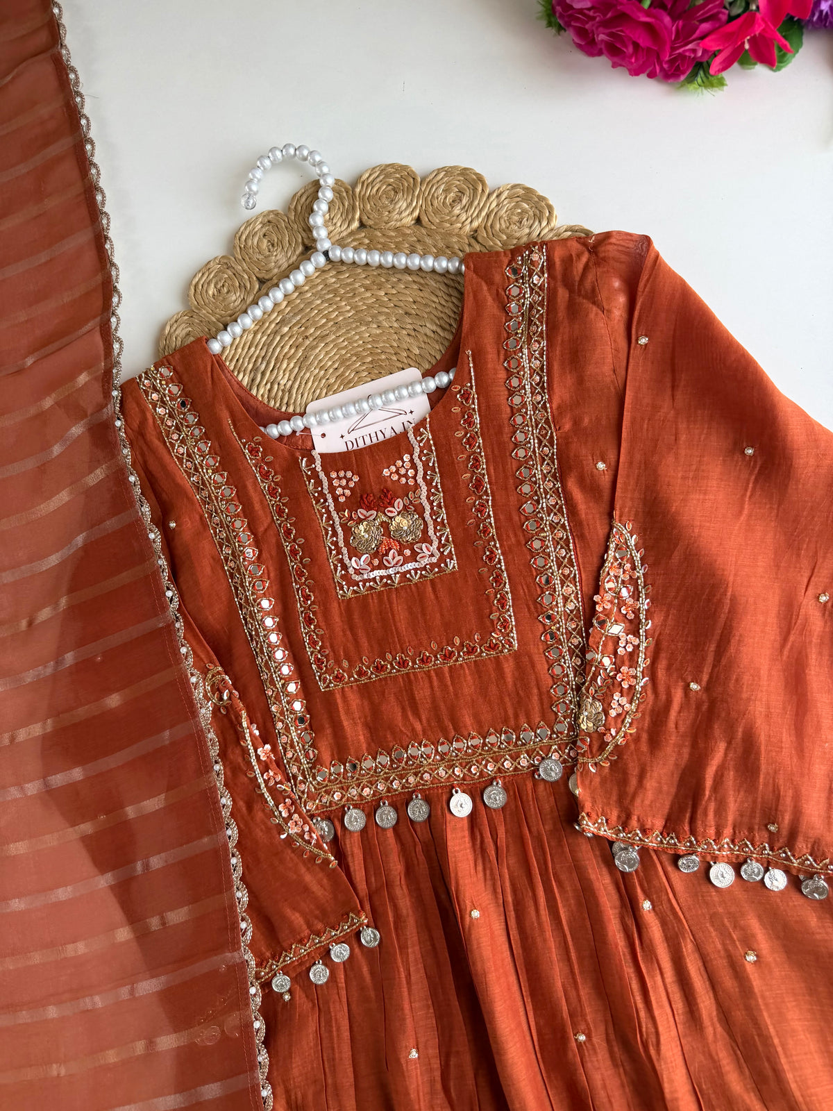 K435 - Mul chanderi handwork Aline Kurti with pants and dupatta
