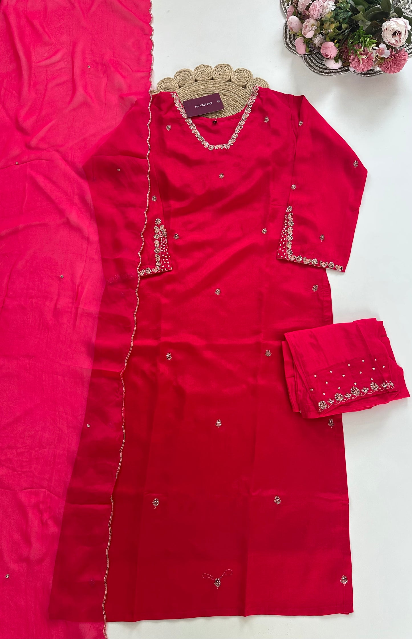 K010 - Dola silk handwork straight Kurti with pants and dupatta in 2 colours