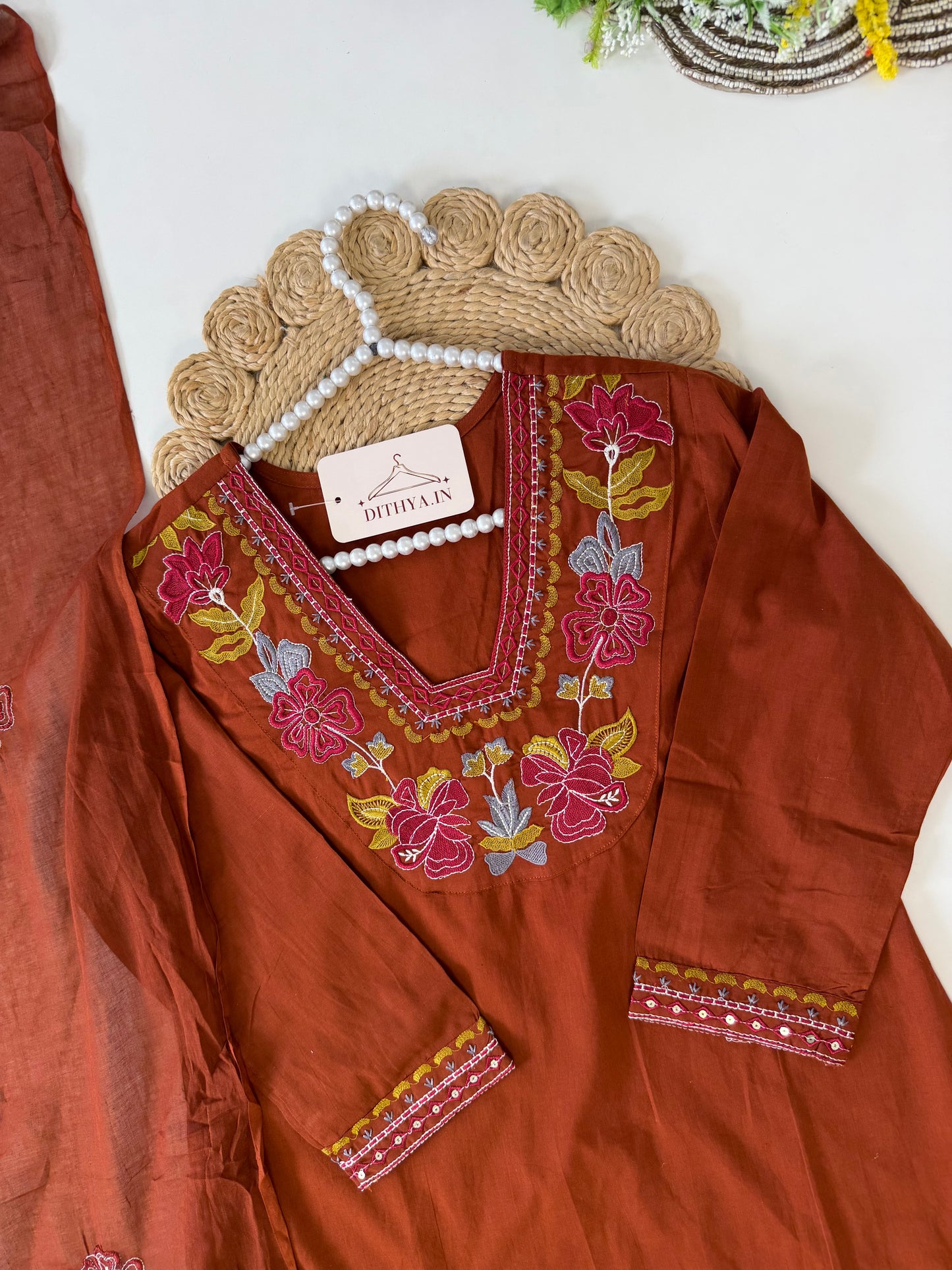 K100 - Mul cotton embroidered aline Kurti with pants and dupatta in 2 colours