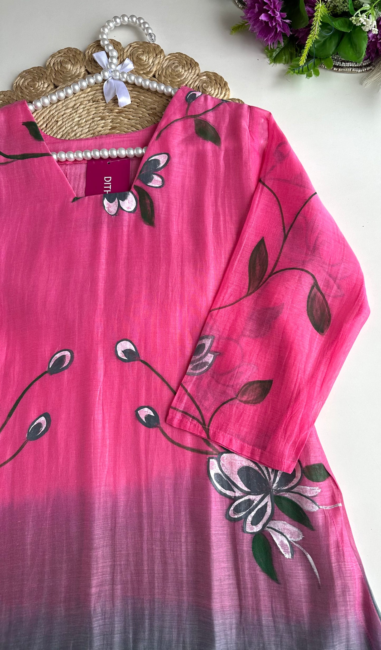 K257 - Mul Chanderi ombré handpainted Aline Kurti with pants and dupatta