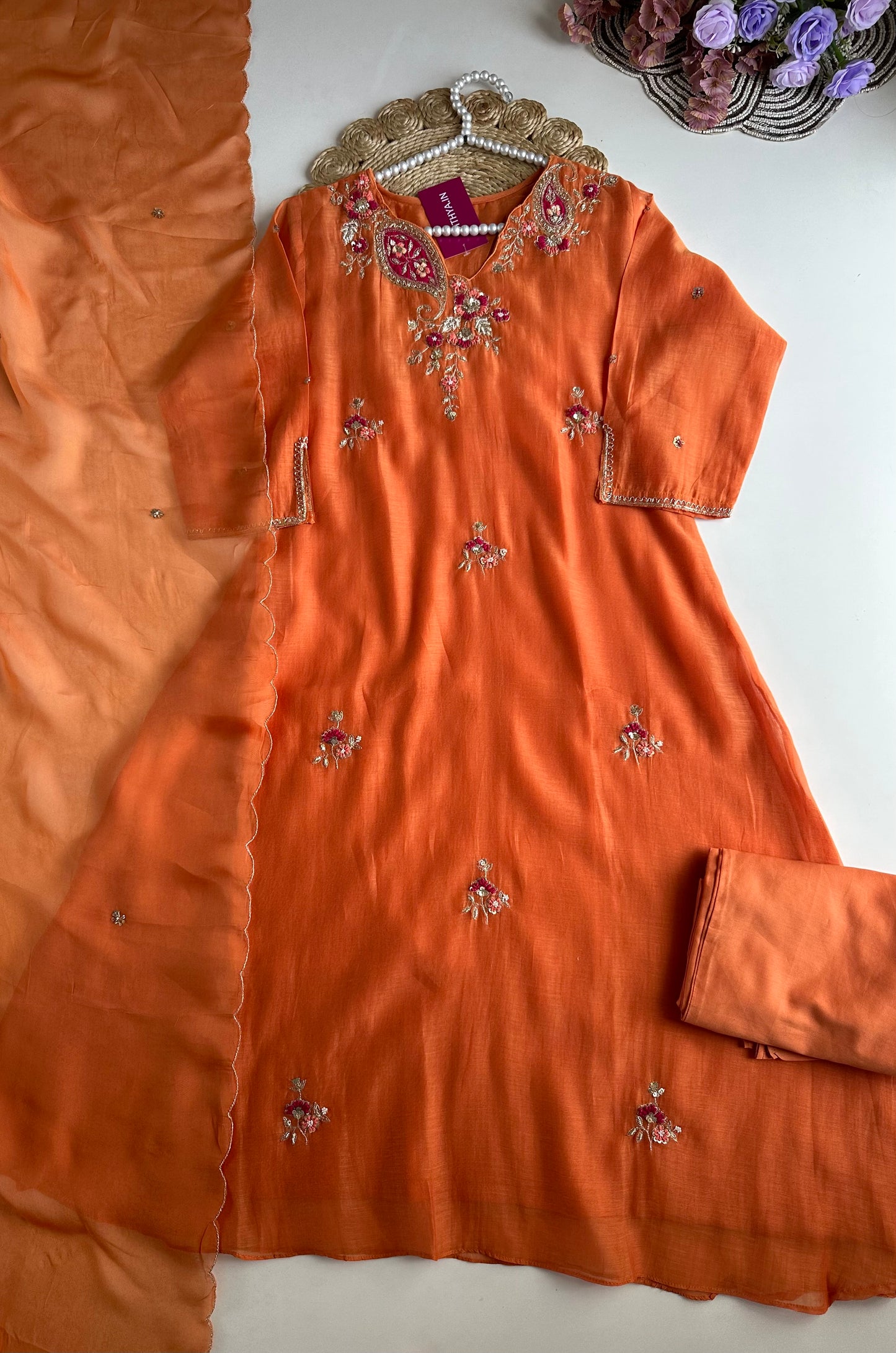 K005 - Mul Chanderi Handwork Aline Kurti with pants and dupatta in 2 colours